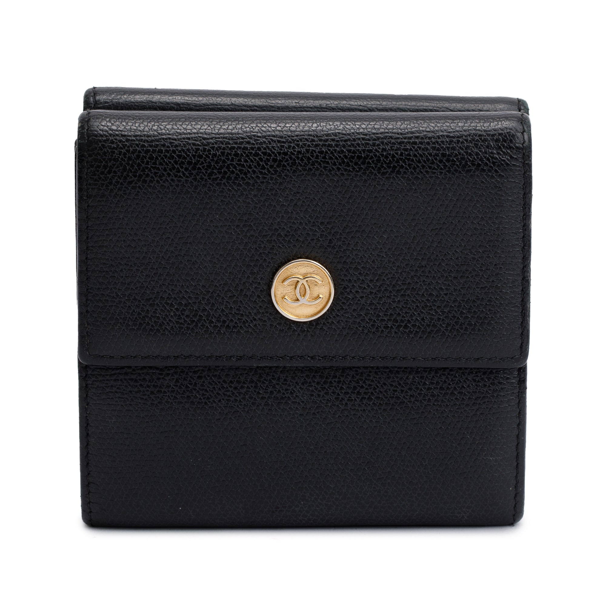 Chanel Black Calfskin Leather Mini Coco Button Trifold Compact Wallet