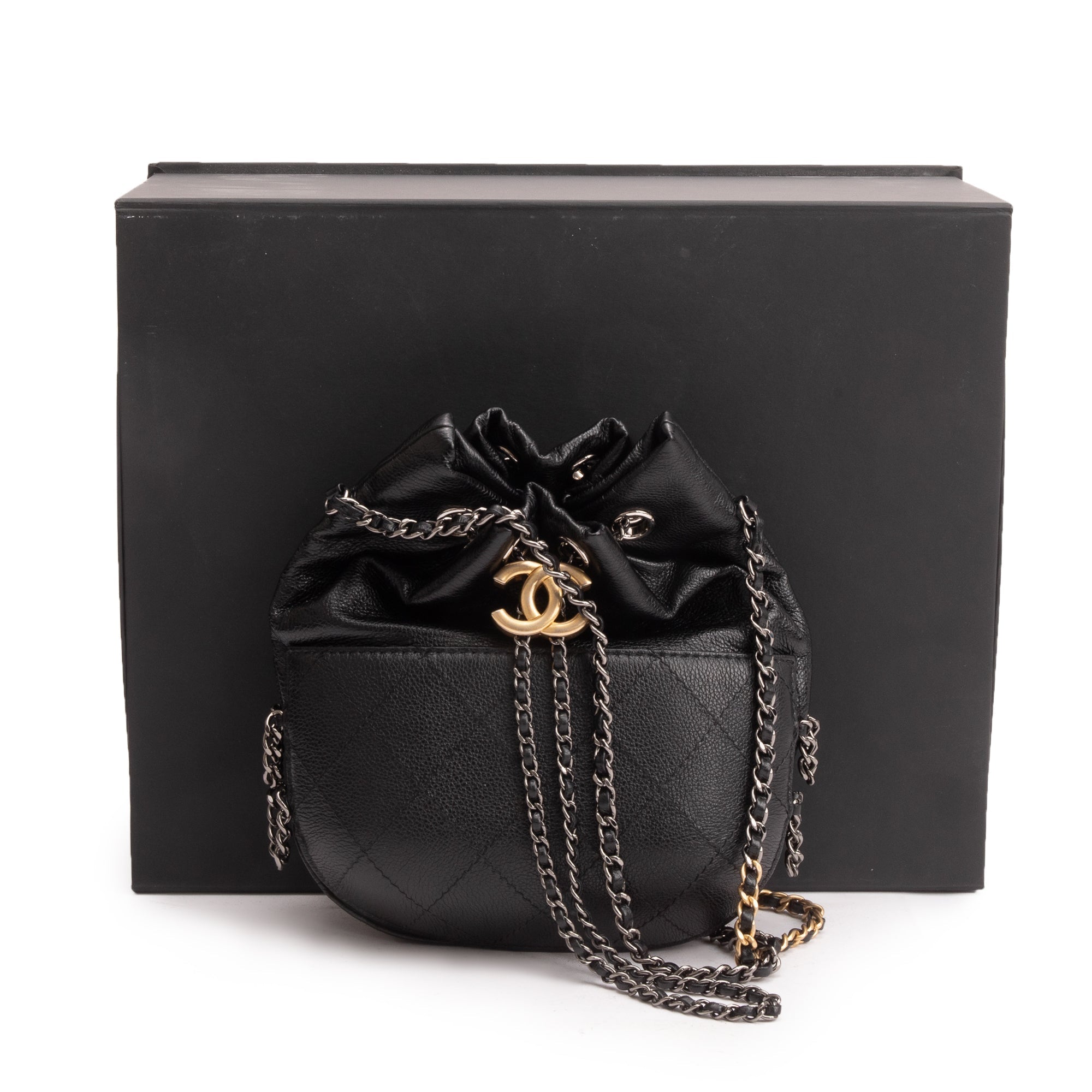 Chanel Black Calfskin Leather Small Gabrielle Bucket Purse w/ Box & Authenticity Card