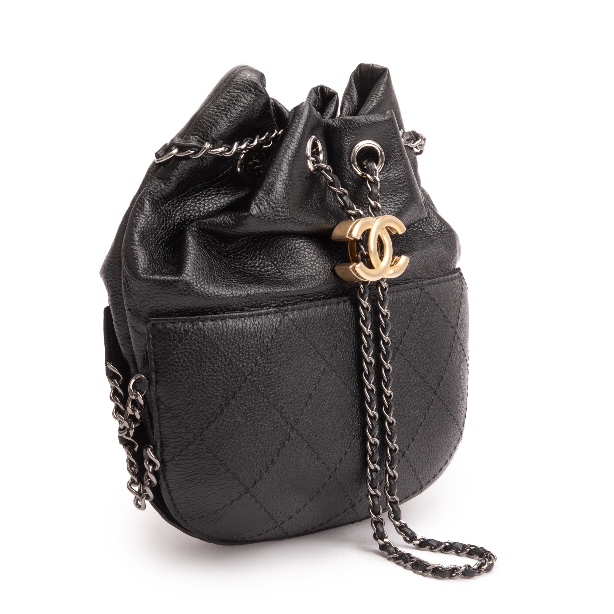 Chanel Black Calfskin Leather Small Gabrielle Bucket Purse w/ Box & Authenticity Card