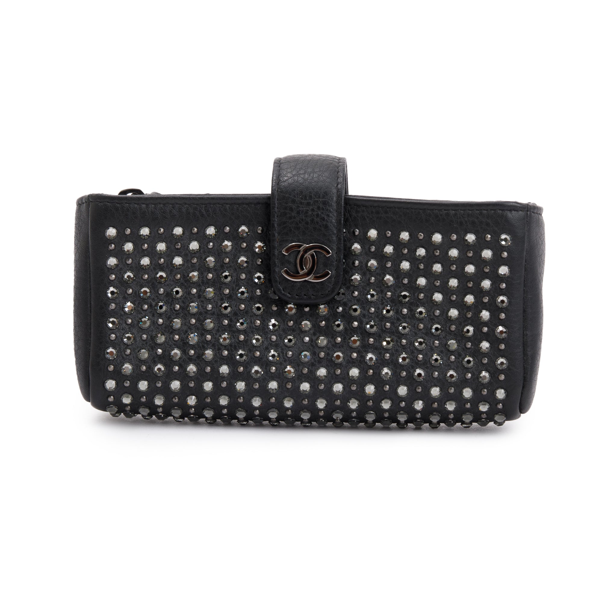 Chanel Black Calfskin Leather Strass Studded Phone Holder Clutch w/ Strap