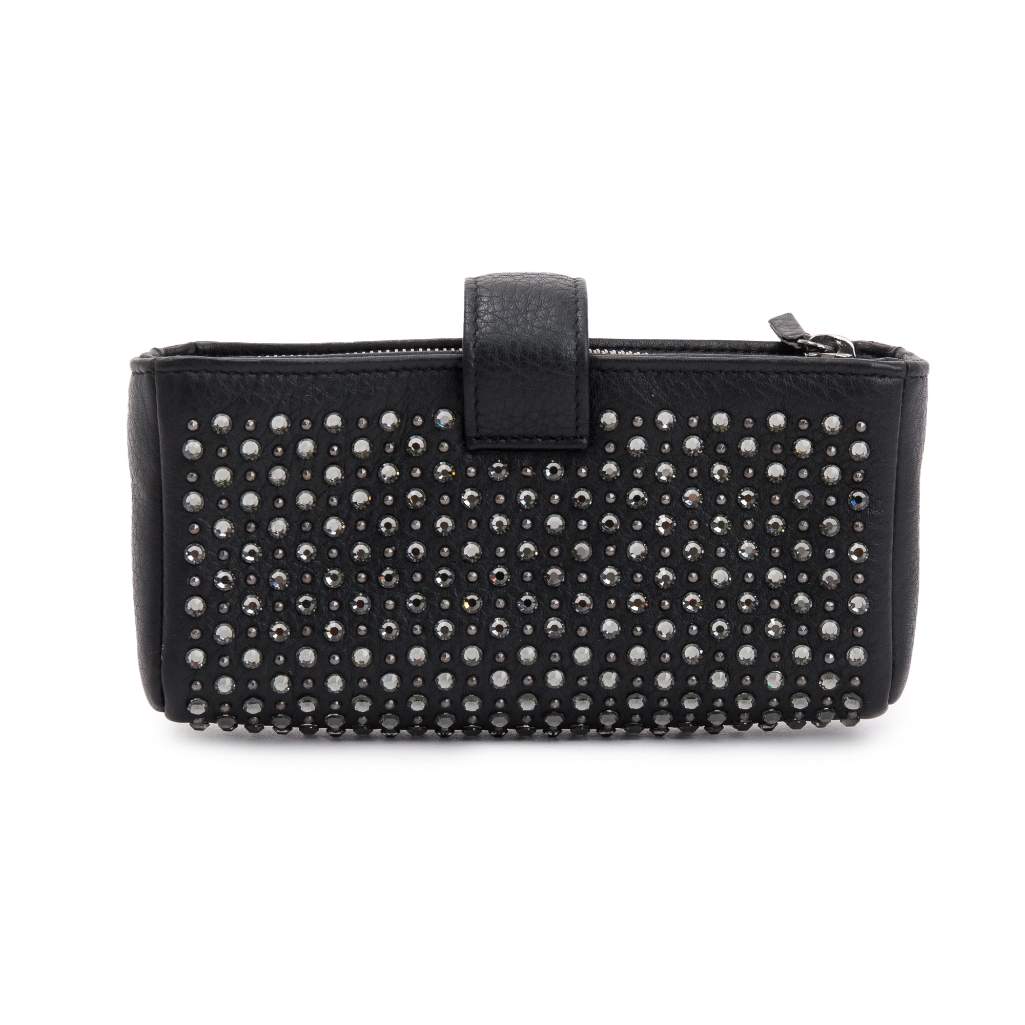 Chanel Black Calfskin Leather Strass Studded Phone Holder Clutch w/ Strap