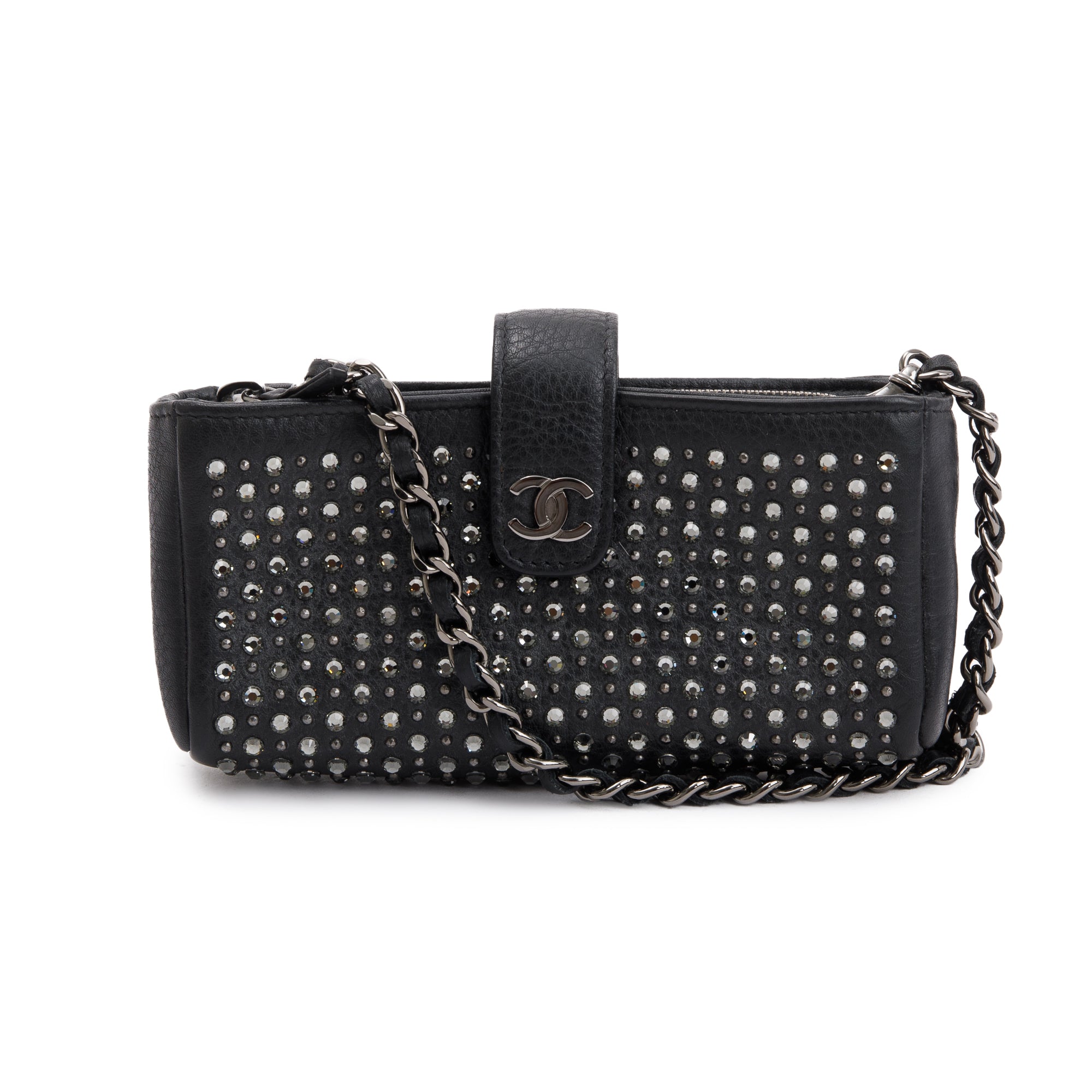 Chanel Black Calfskin Leather Strass Studded Phone Holder Clutch w/ Strap