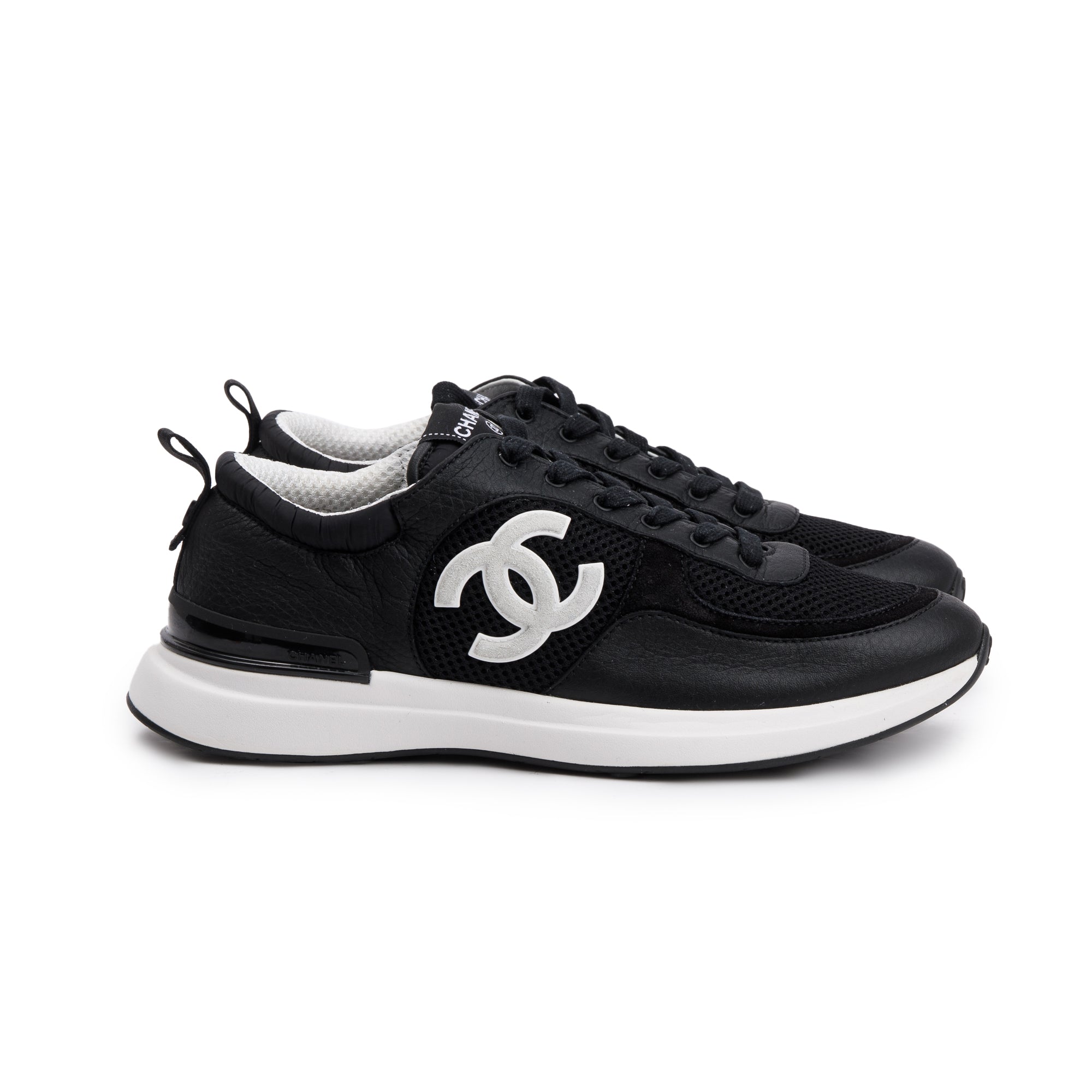 Chanel Black Calfskin Mesh Suede CC Logo Sneakers, Size 41 w/ Box