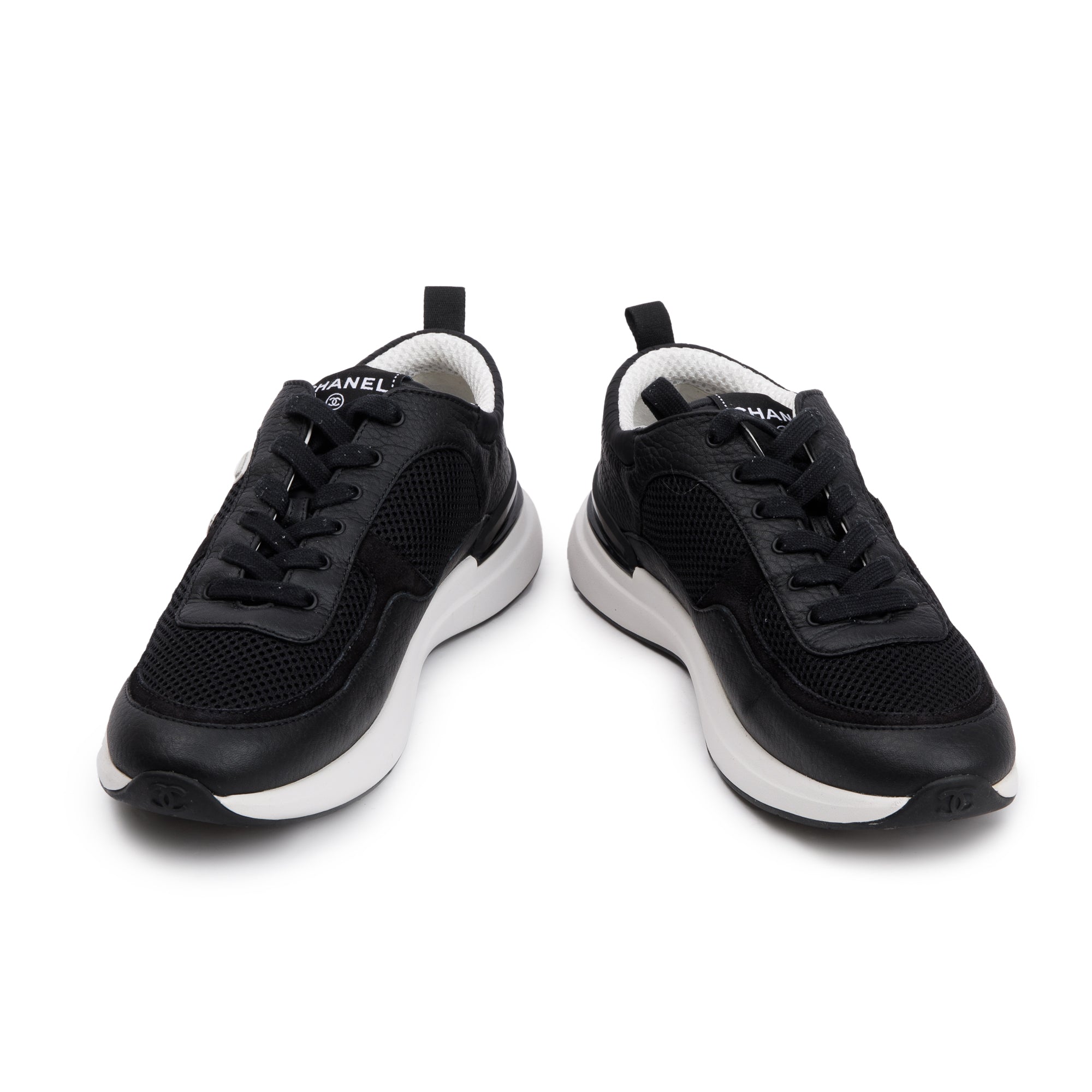 Chanel Black Calfskin Mesh Suede CC Logo Sneakers, Size 41 w/ Box