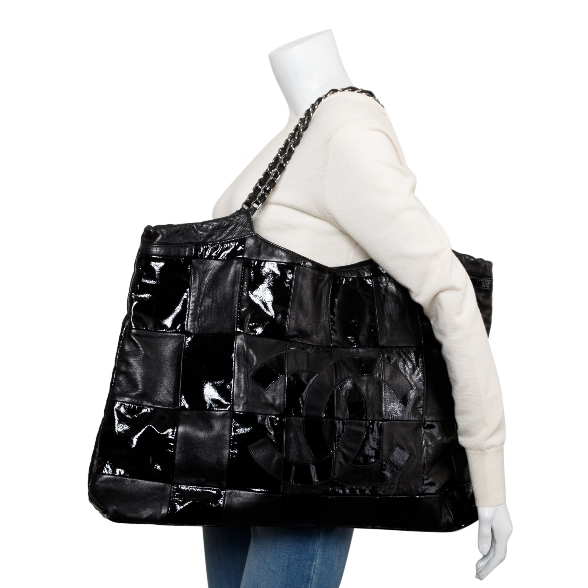 Chanel Black Calfskin/Patent Leather Brooklyn Tote Bag w/ Authenticity Card