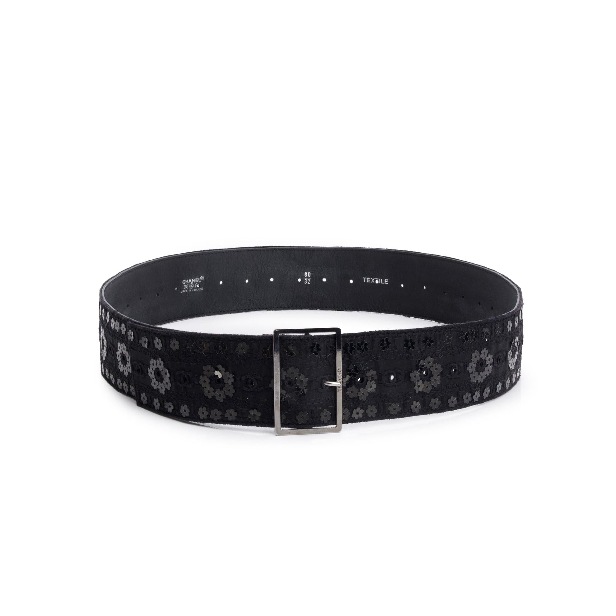 Chanel Black Canvas Sequin CC Wide Belt 80 32