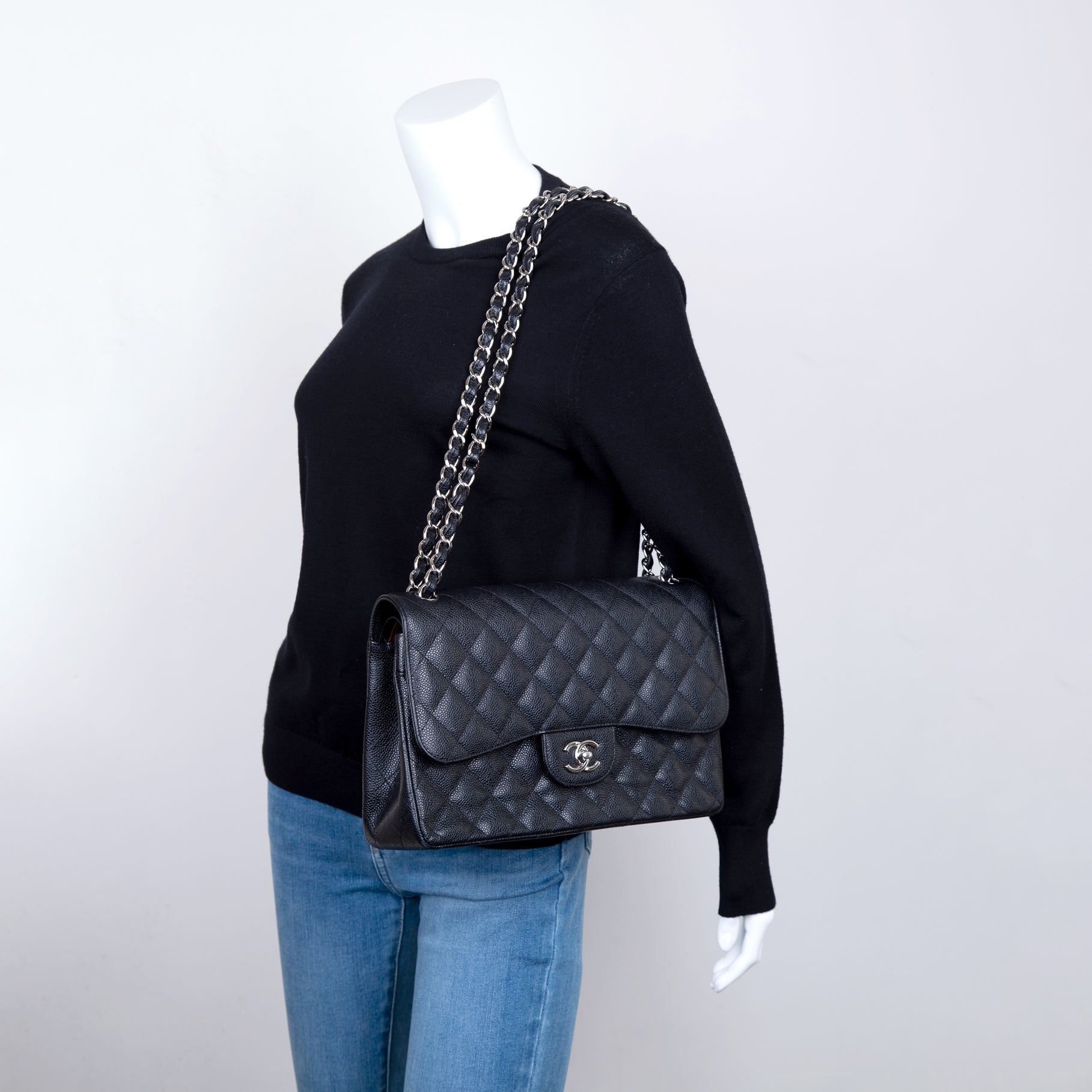 Chanel Black Caviar Classic Jumbo Double Flap Bag w/ Box