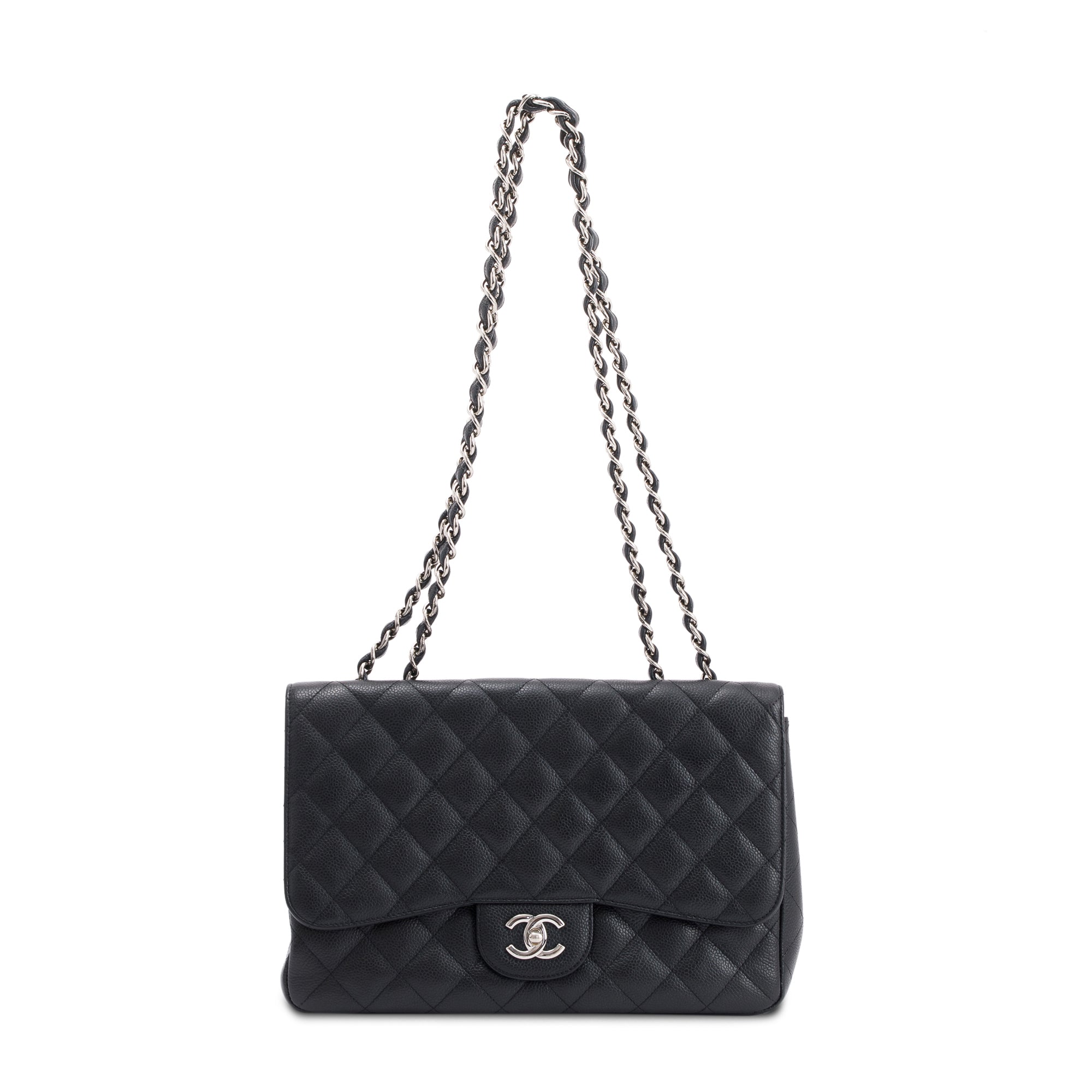 Chanel Black Caviar Classic Jumbo Single Flap Bag w/ Authenticity Card