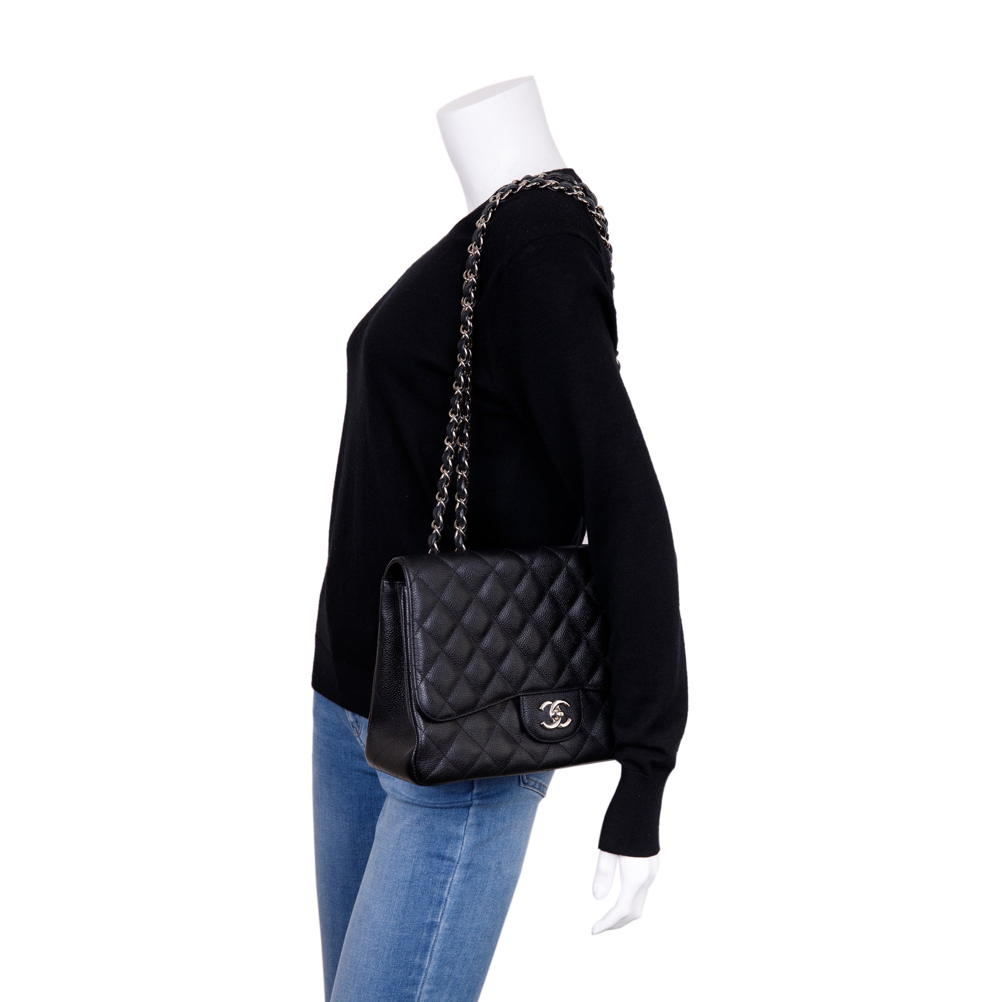 Chanel Black Caviar Classic Jumbo Single Flap Bag w/ Authenticity Card