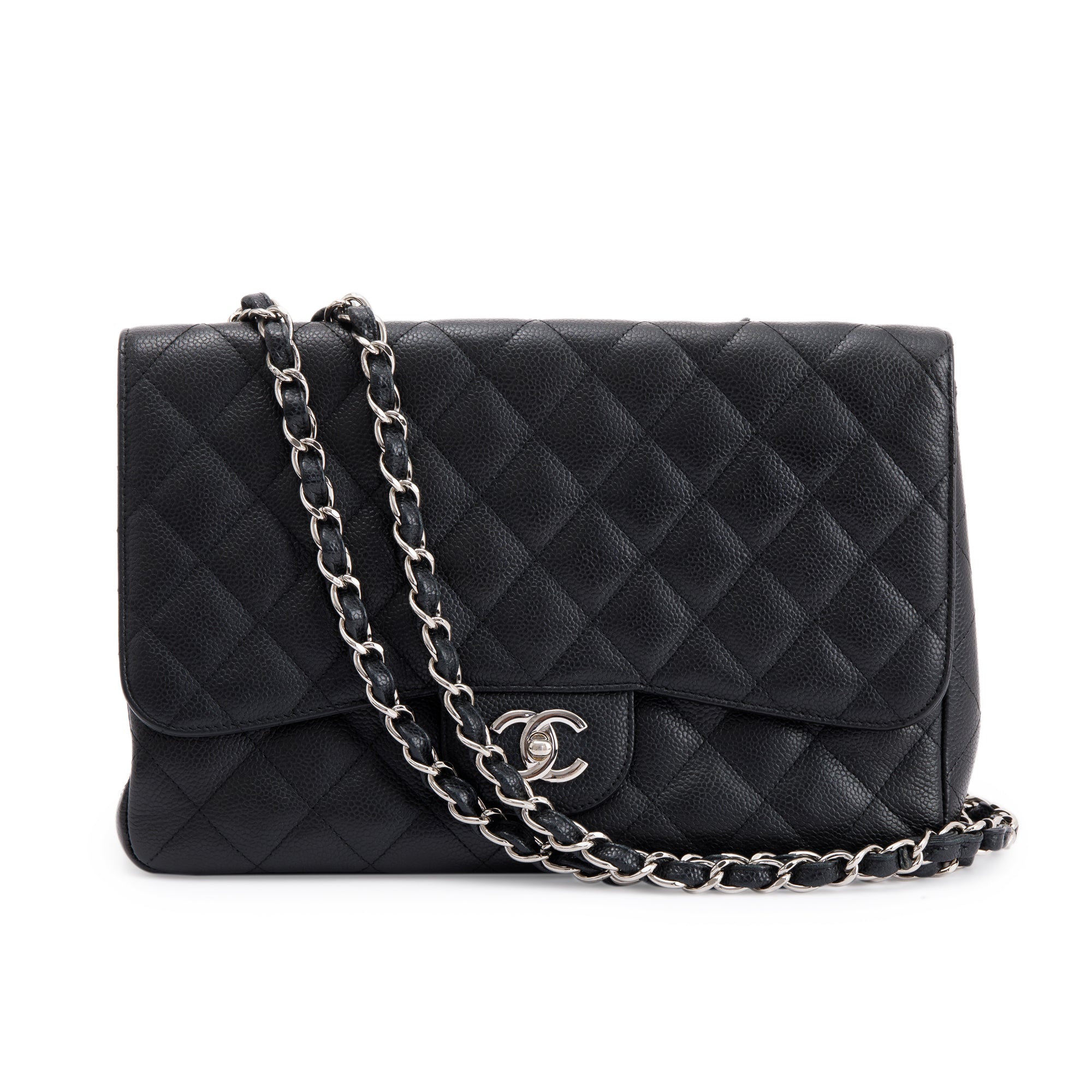 Chanel Black Caviar Classic Jumbo Single Flap Bag w/ Authenticity Card