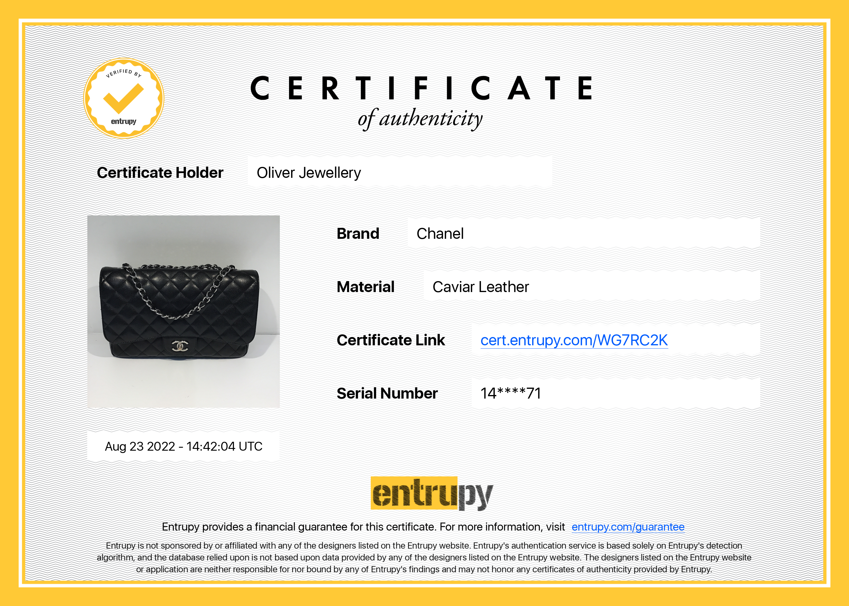 Chanel Black Caviar Classic Jumbo Single Flap Bag w/ Receipt & Authenticity Card