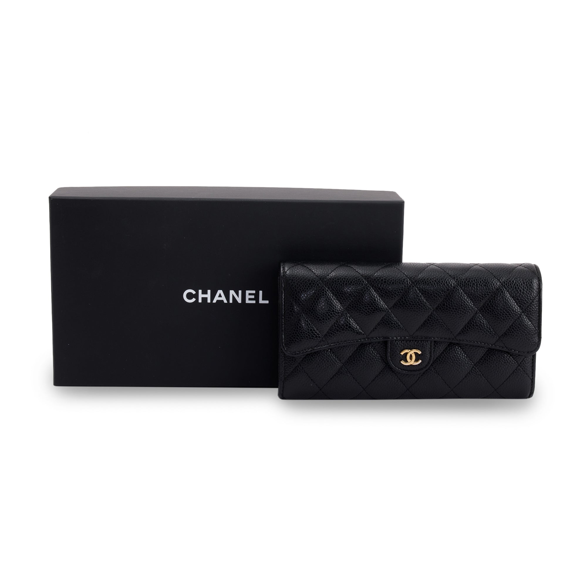 Chanel Black Caviar Classic Long Flap Wallet w/ Box, Authenticity Card & Receipt