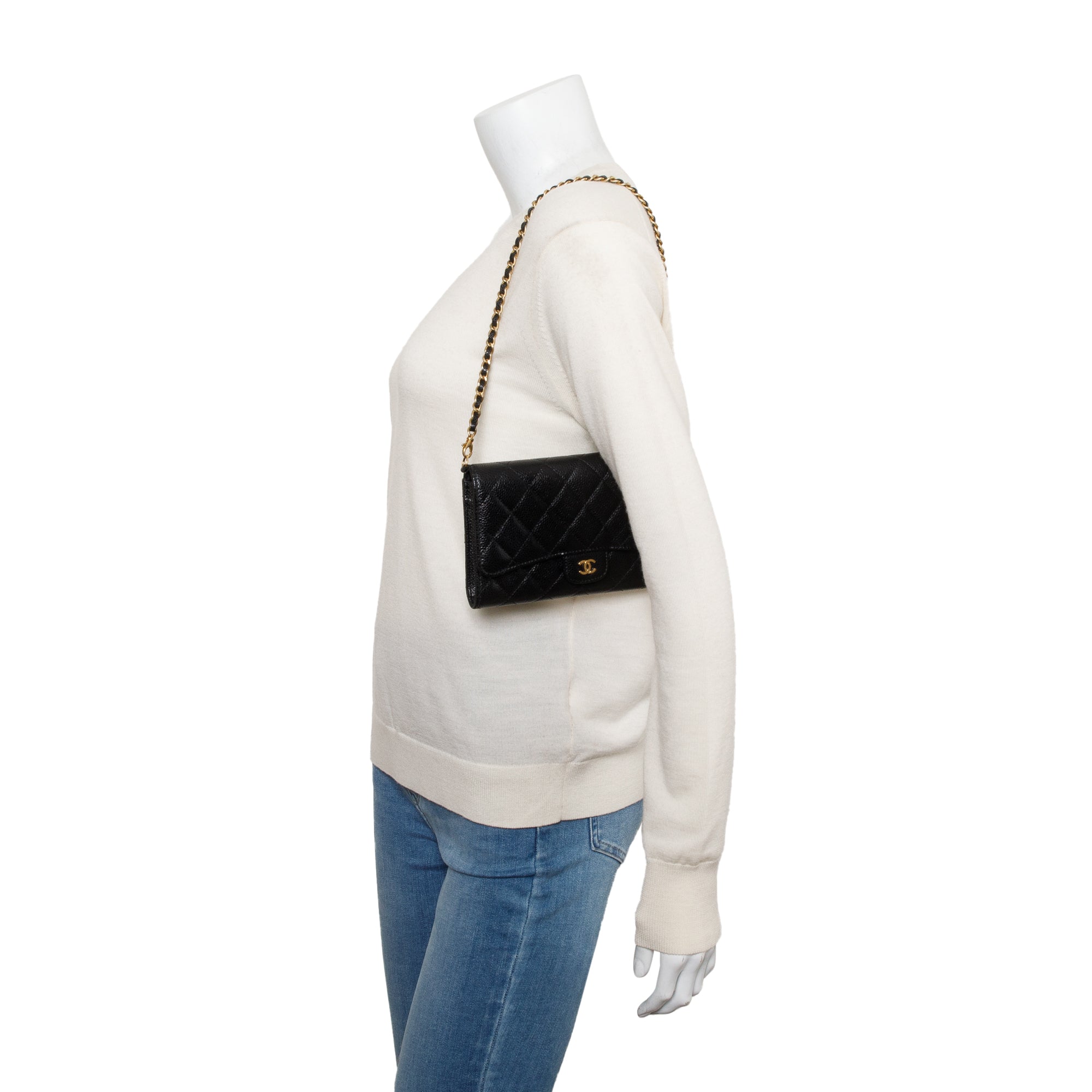 Chanel Black Caviar Detachable Chain Clutch Bag w/ Box