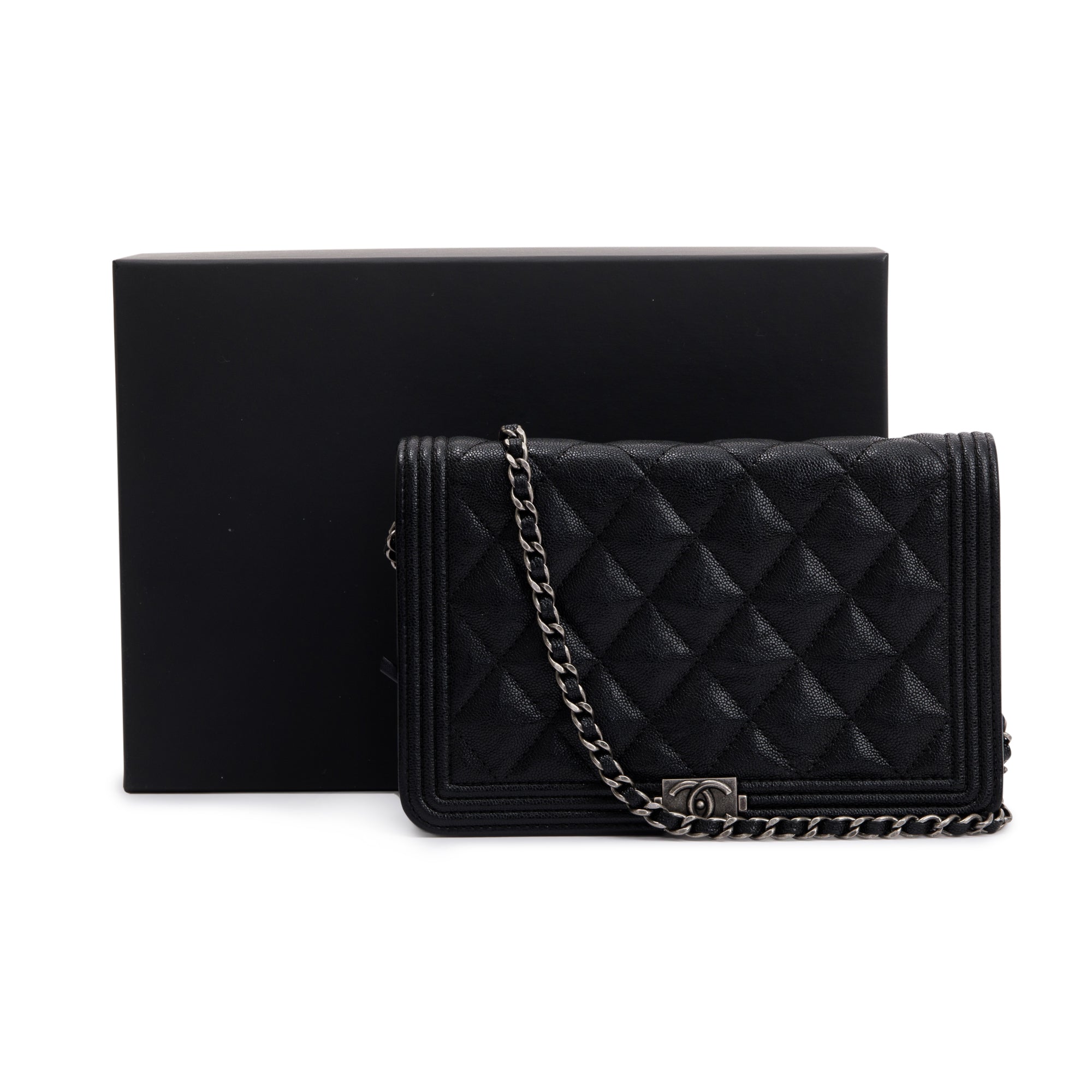 Chanel Black Caviar Leather Boy Wallet on Chain w/ Box, Receipt & Authenticity Card