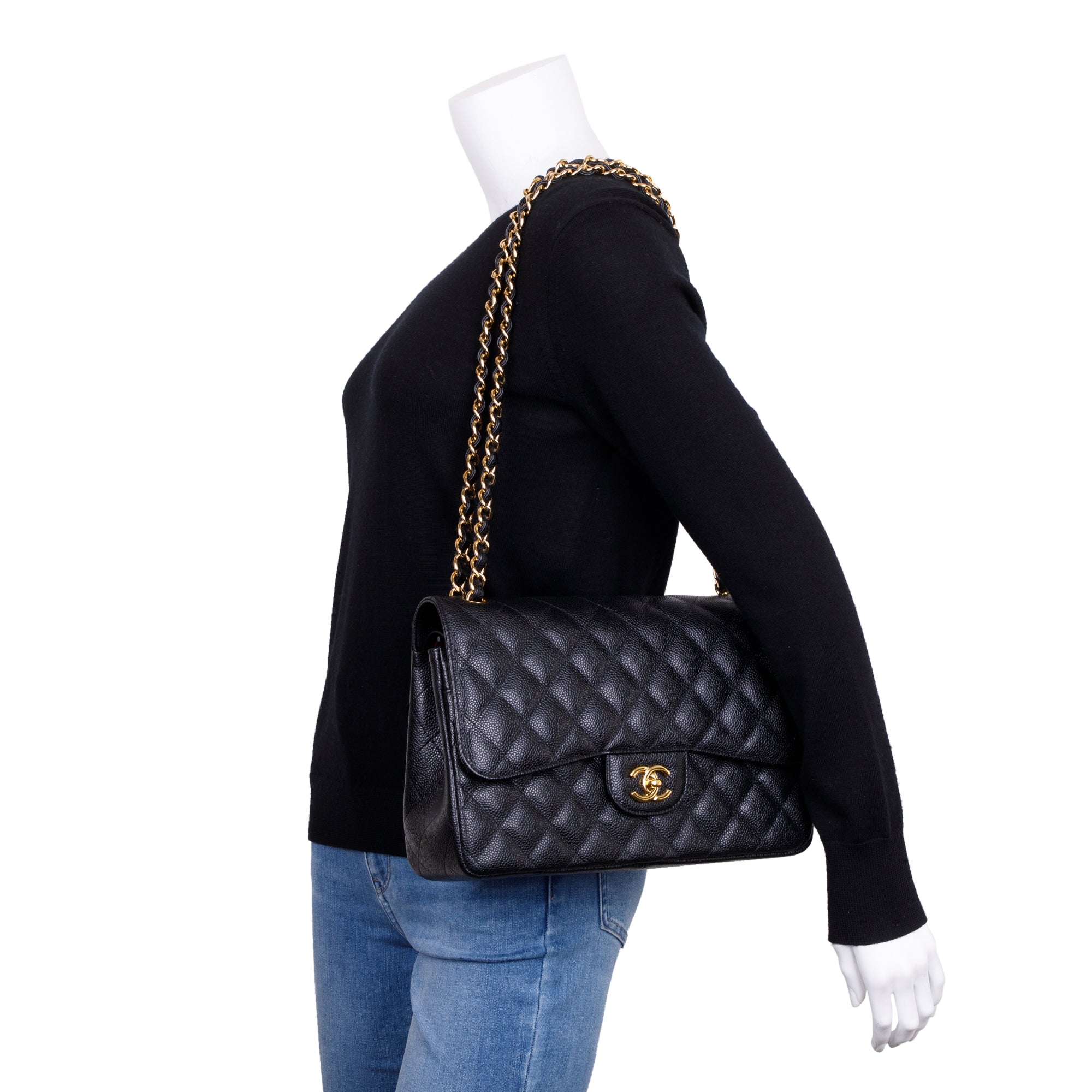 Chanel Black Caviar Leather Classic Jumbo Double Flap Bag