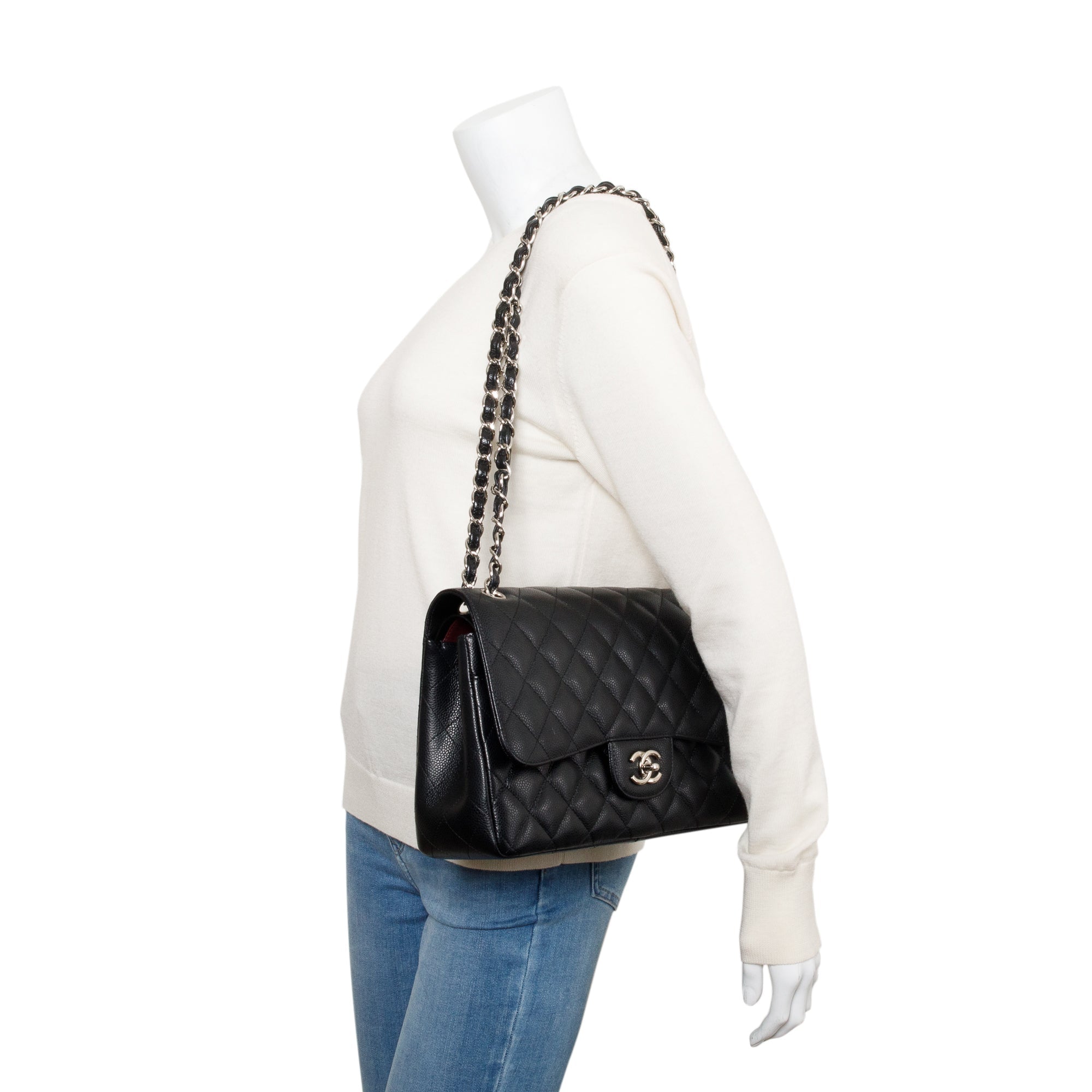 Chanel Black Caviar Leather Classic Jumbo Double Flap Bag w/ Authenticity Card