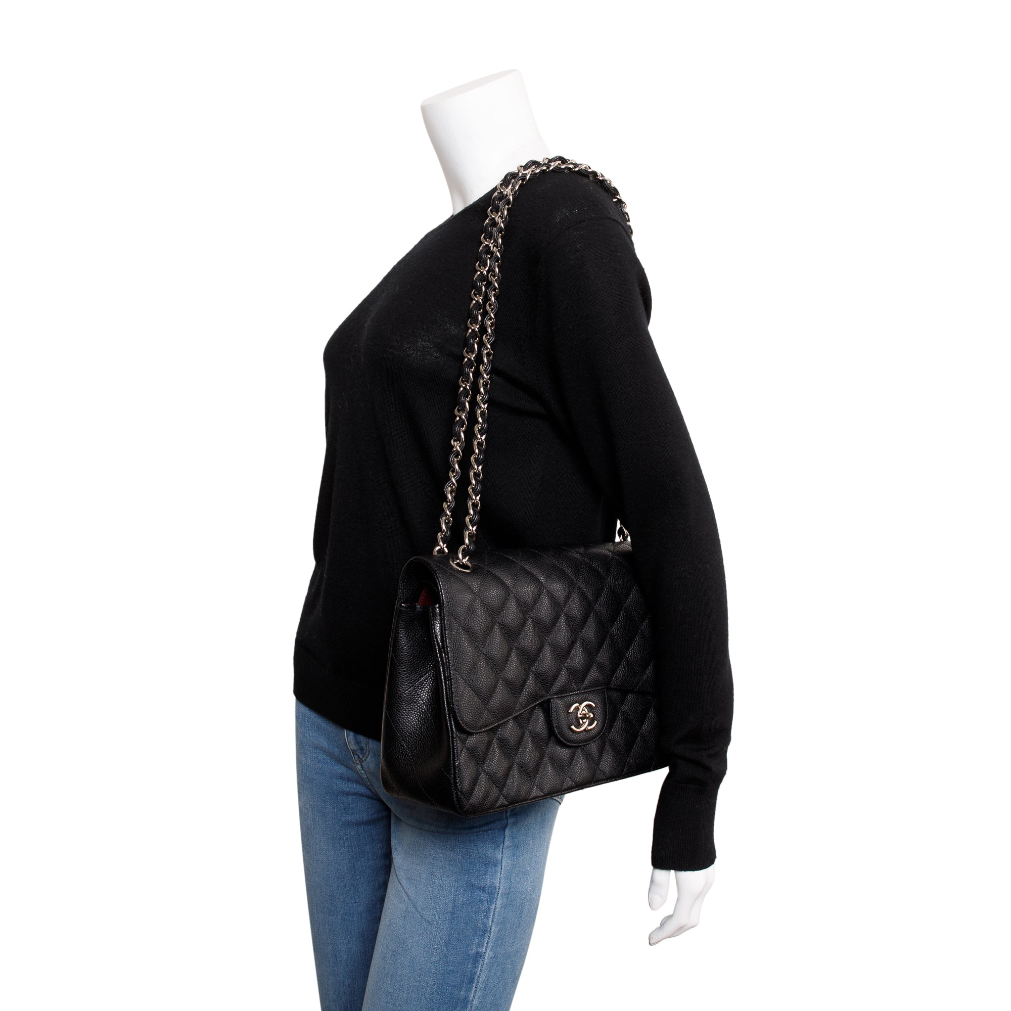 Chanel Black Caviar Leather Classic Jumbo Double Flap Bag w/ Box & Authenticity Card