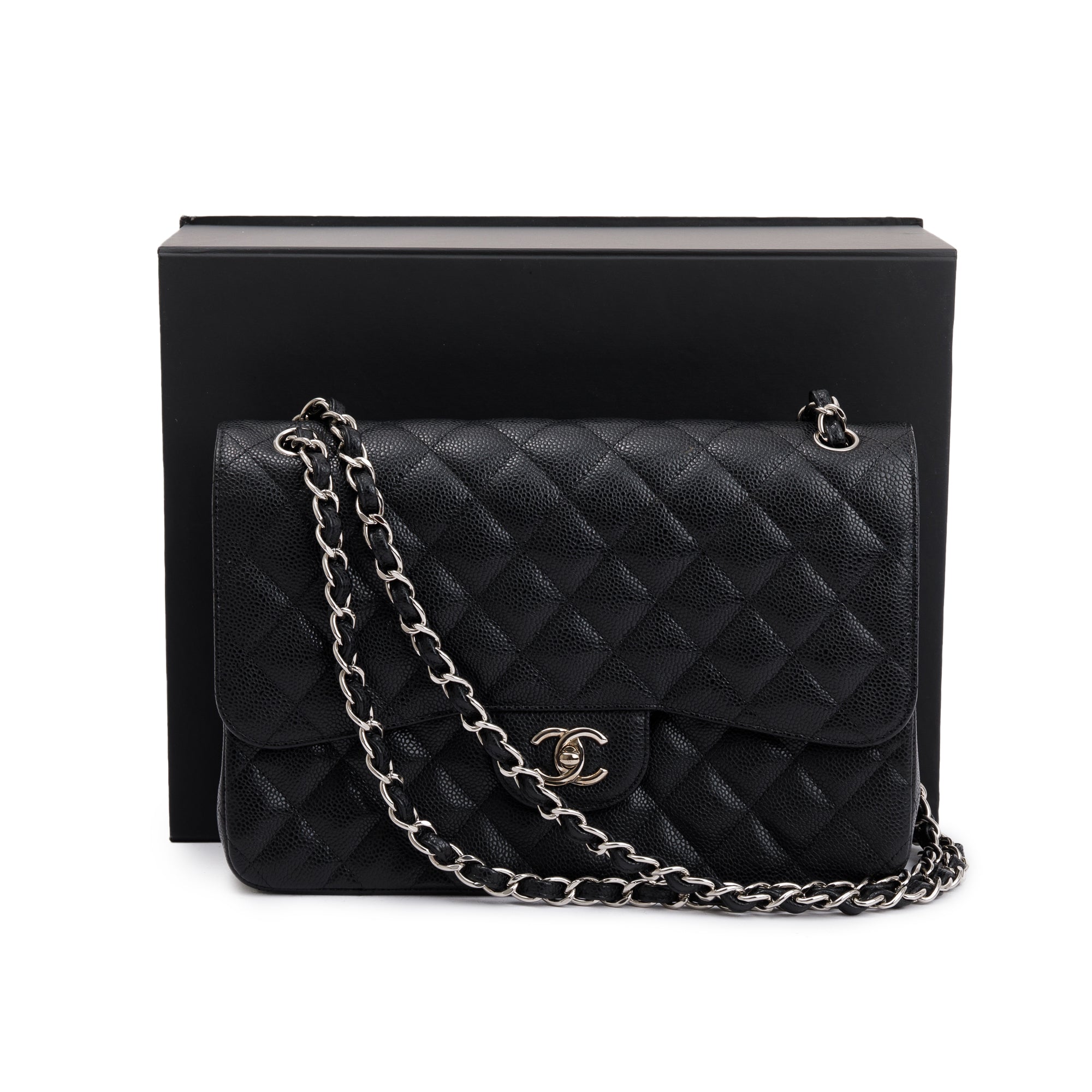 Chanel Black Caviar Leather Classic Jumbo Double Flap Bag w/ Box & Authenticity Card