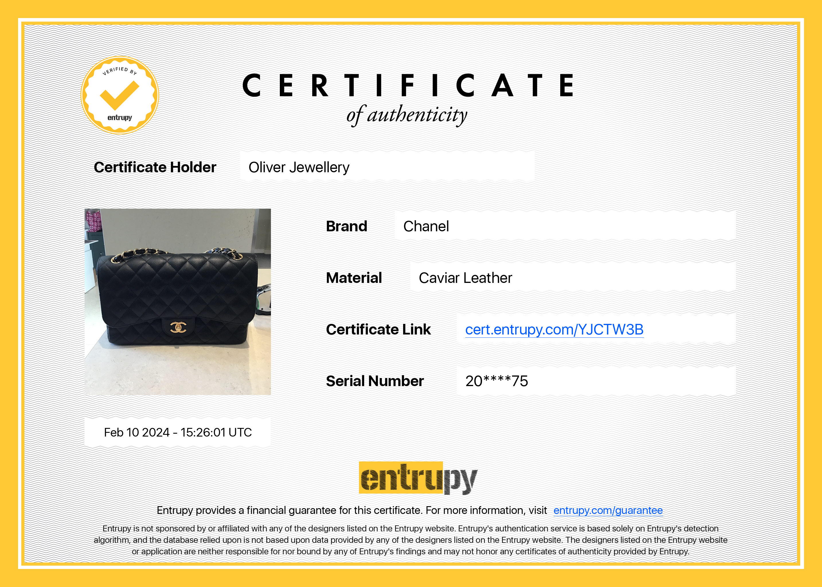 Chanel Black Caviar Leather Classic Jumbo Double Flap Bag w/ Box, Authenticity Card & Receipt