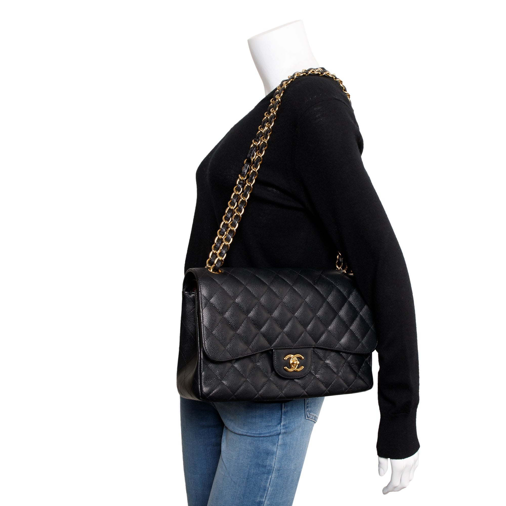 Chanel Black Caviar Leather Classic Jumbo Double Flap Bag w/ Box, Authenticity Card & Receipt