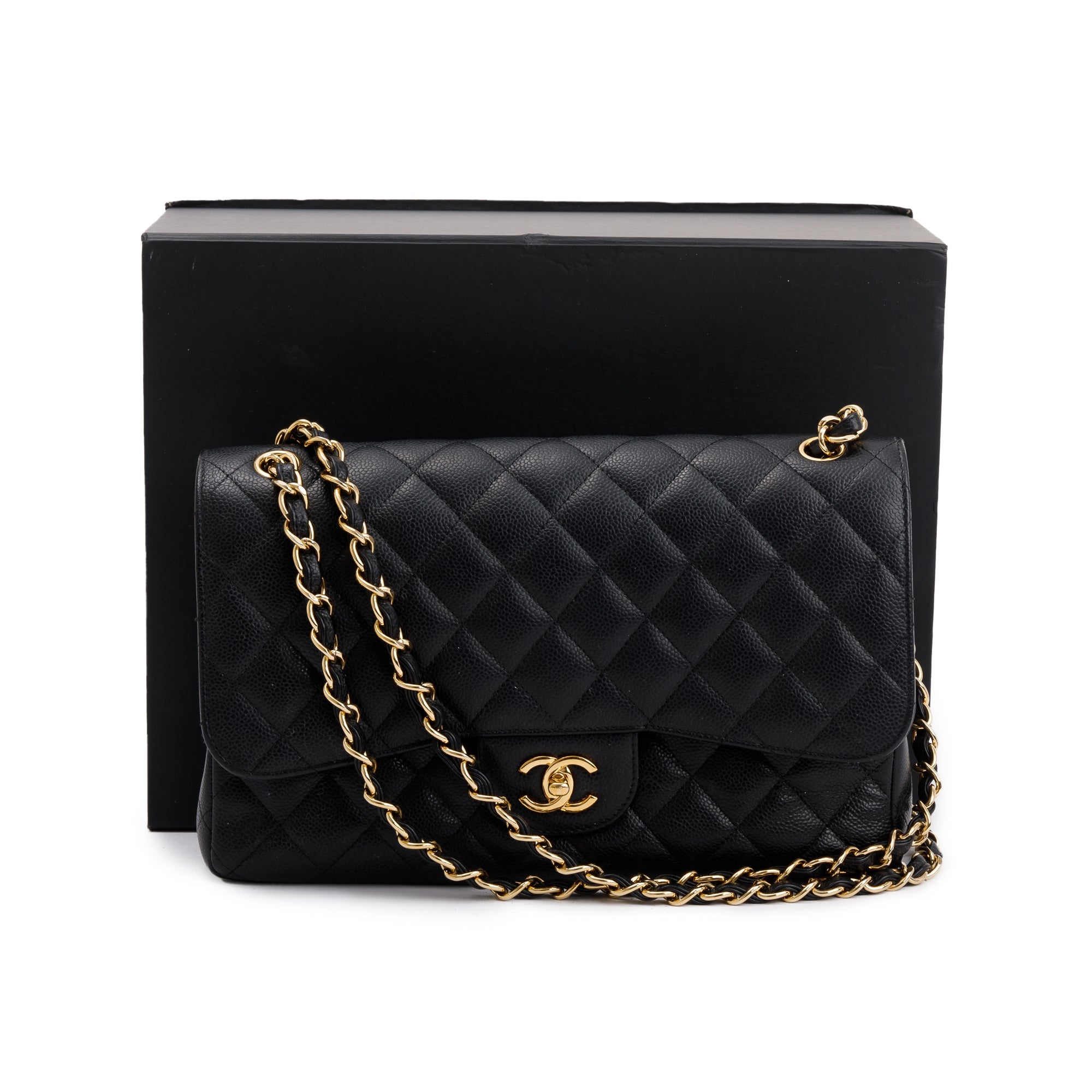 Chanel Black Caviar Leather Classic Jumbo Double Flap Bag w/ Box, Authenticity Card & Receipt