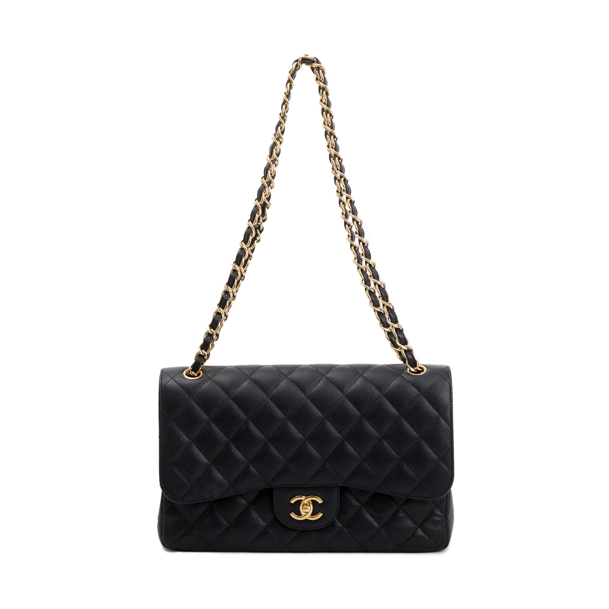 Chanel Black Caviar Leather Classic Jumbo Double Flap Bag w/ Box, Authenticity Card & Receipt