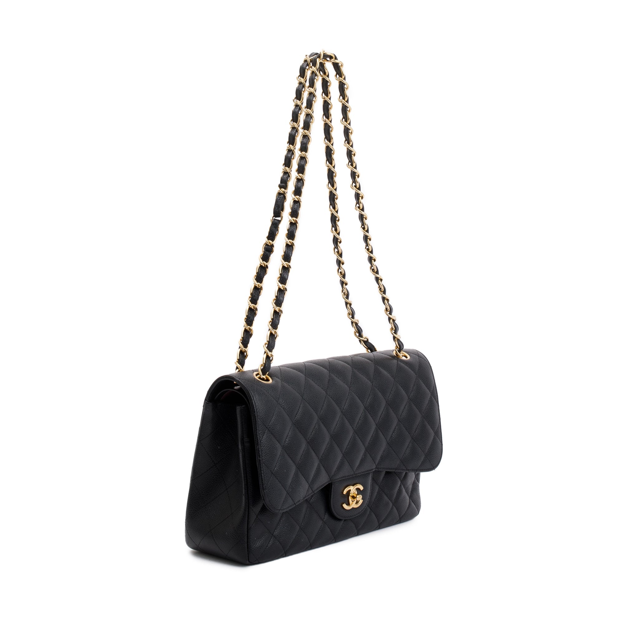 Chanel Black Caviar Leather Classic Jumbo Double Flap Bag w/ Box, Authenticity Card & Receipt