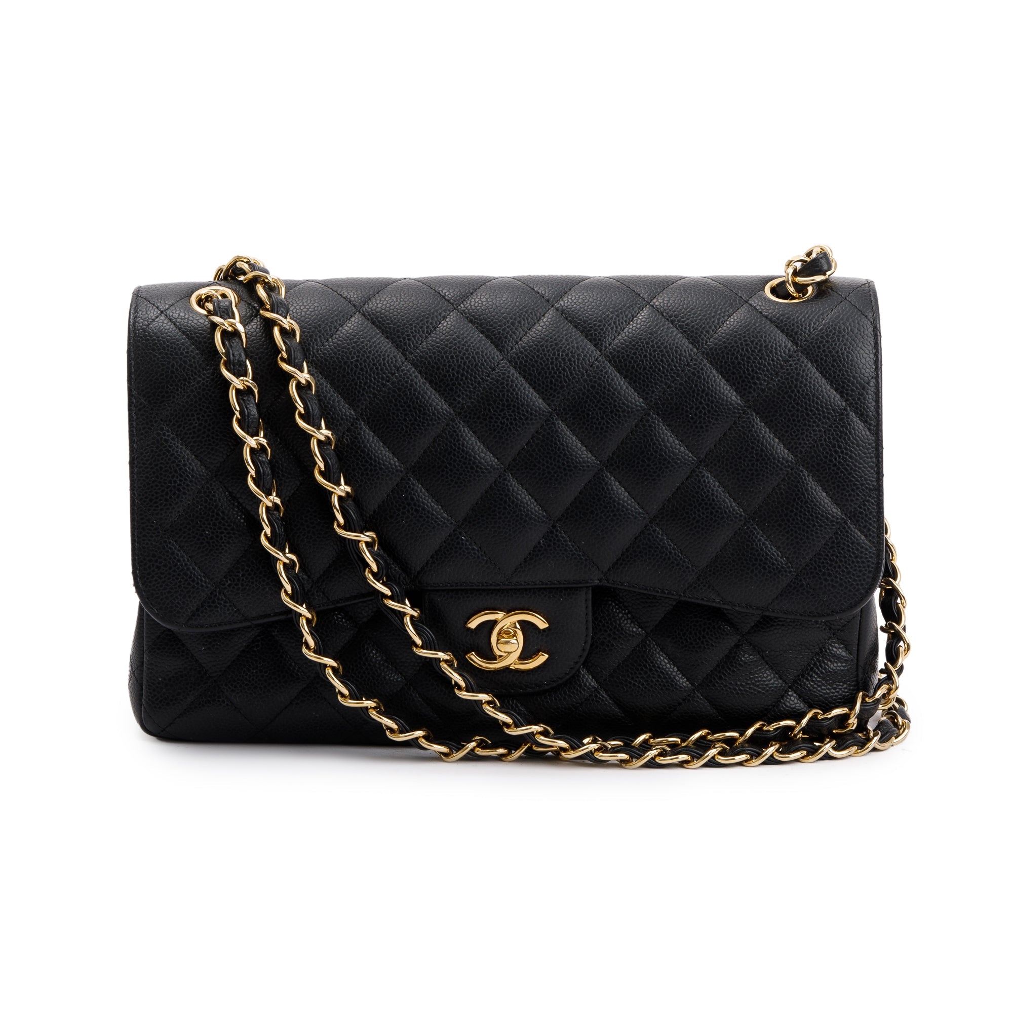 Chanel Black Caviar Leather Classic Jumbo Double Flap Bag w/ Box, Authenticity Card & Receipt