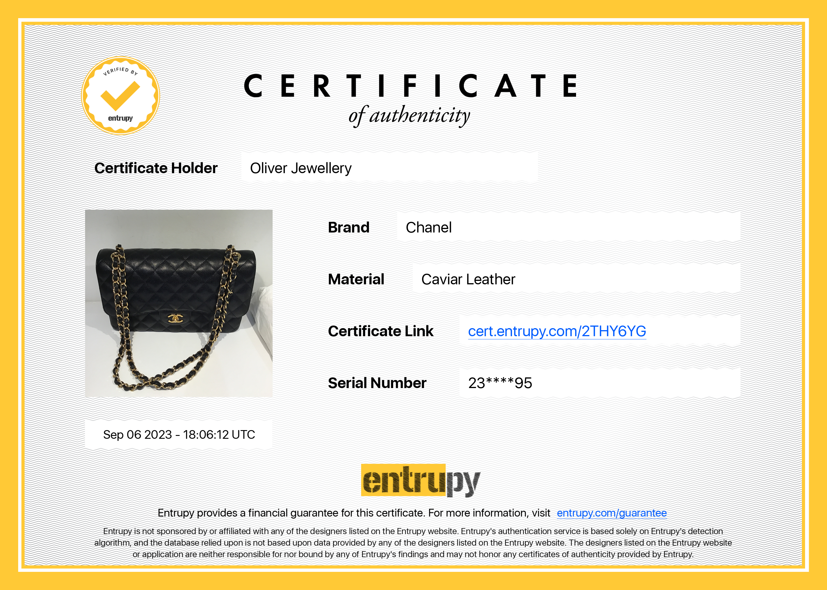 Chanel Black Caviar Leather Classic Jumbo Double Flap Bag w/ Box, Receipt & Authenticity Card