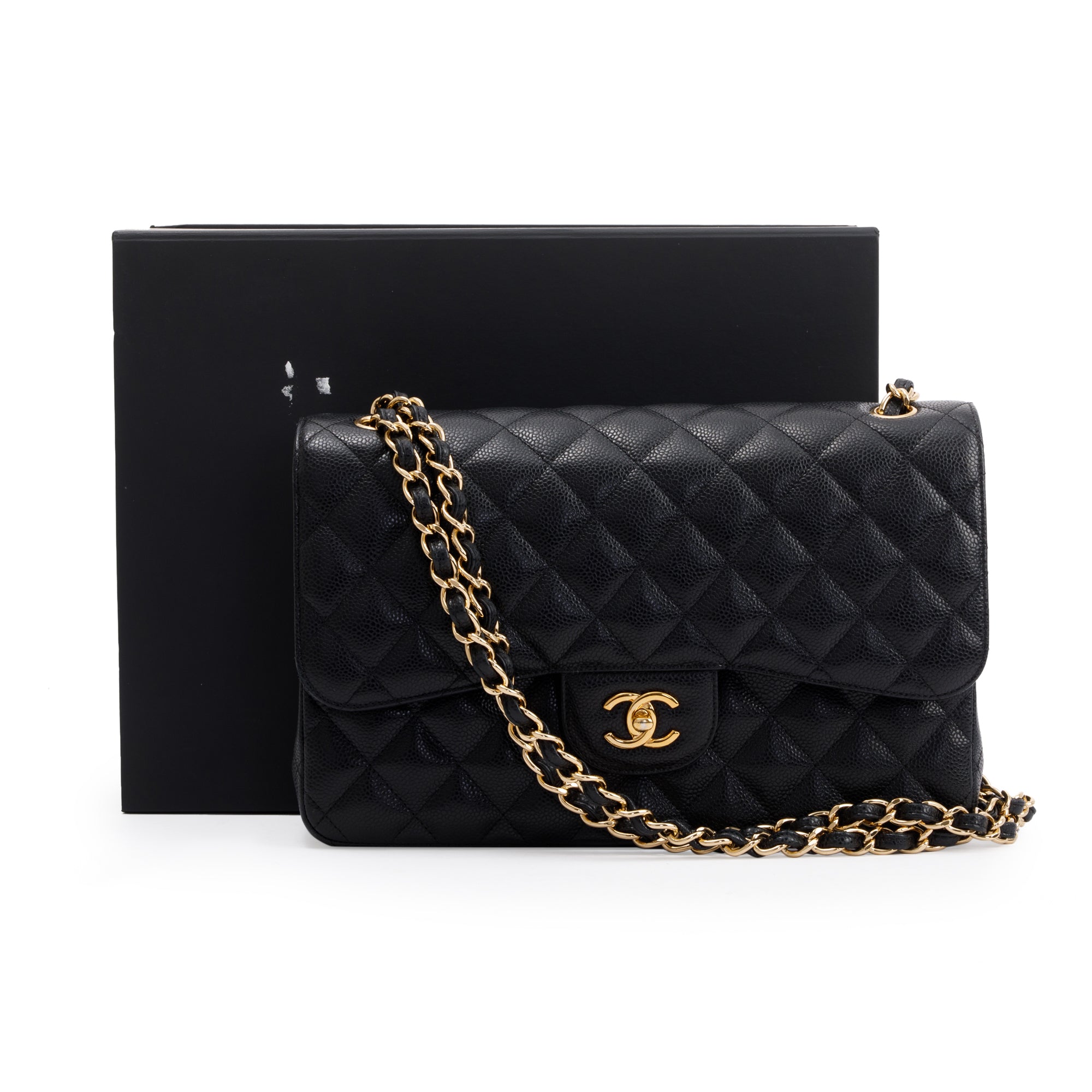 Chanel Black Caviar Leather Classic Jumbo Double Flap Bag w/ Box, Receipt & Authenticity Card