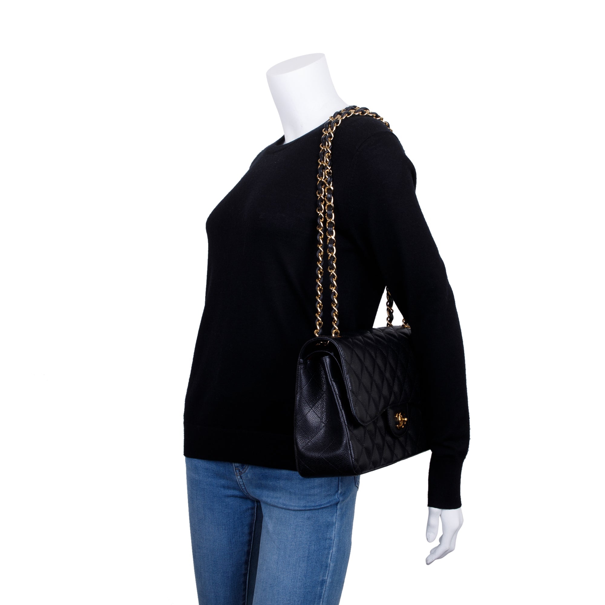 Chanel Black Caviar Leather Classic Jumbo Double Flap Bag w/ Box, Receipt & Authenticity Card