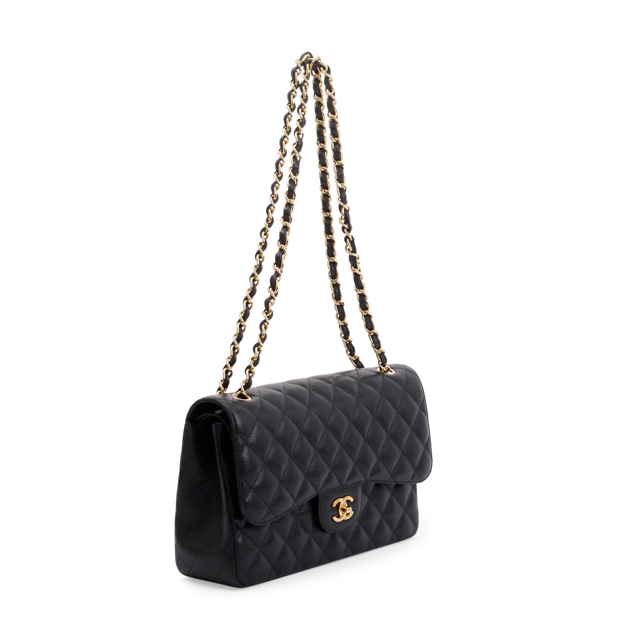 Chanel Black Caviar Leather Classic Jumbo Double Flap Bag w/ Box, Receipt & Authenticity Card
