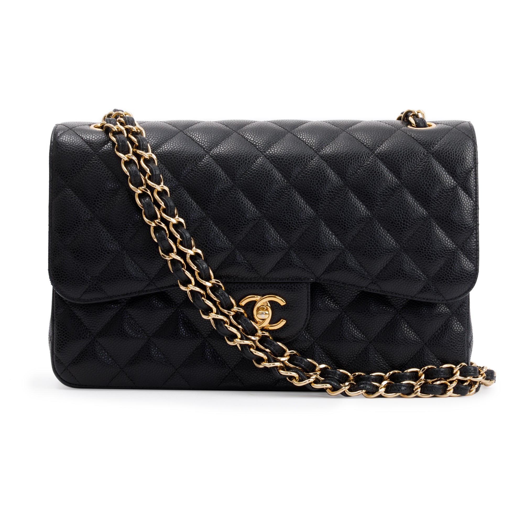 Chanel Black Caviar Leather Classic Jumbo Double Flap Bag w/ Box, Receipt & Authenticity Card