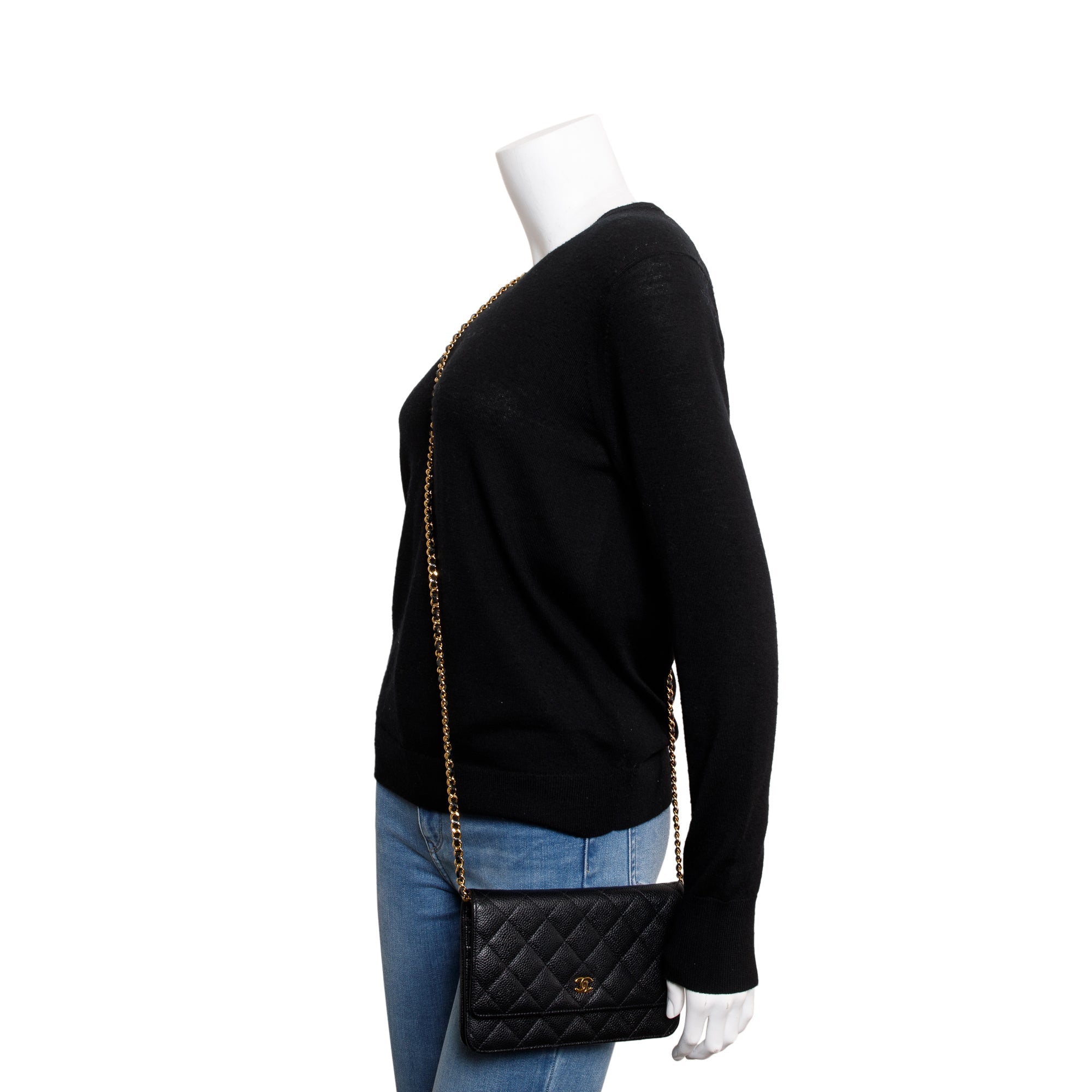 Chanel Black Caviar Leather Classic Wallet on Chain w/ Box & Authenticity Card