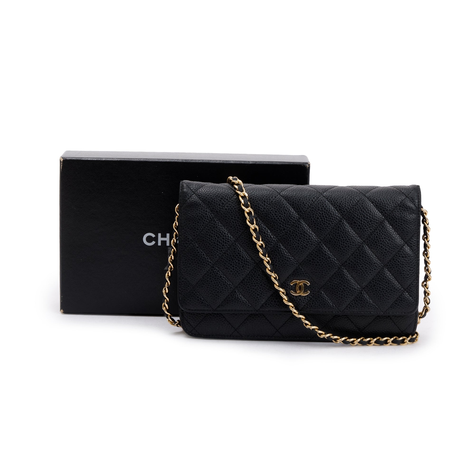 Chanel Black Caviar Leather Classic Wallet on Chain w/ Box