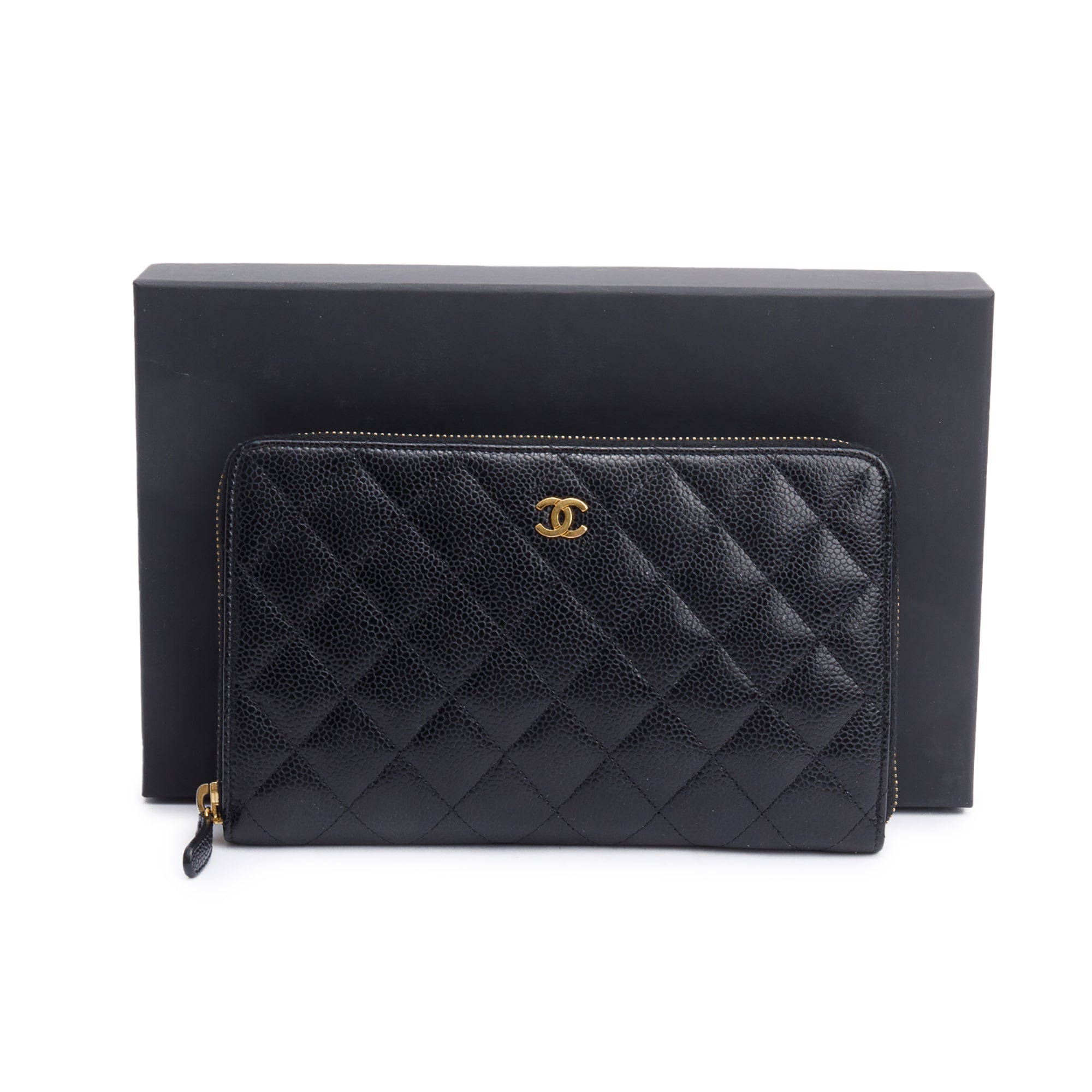 Chanel Black Caviar Leather Large Zip Around Organizer Wallet w/ Box & Authenticity Card