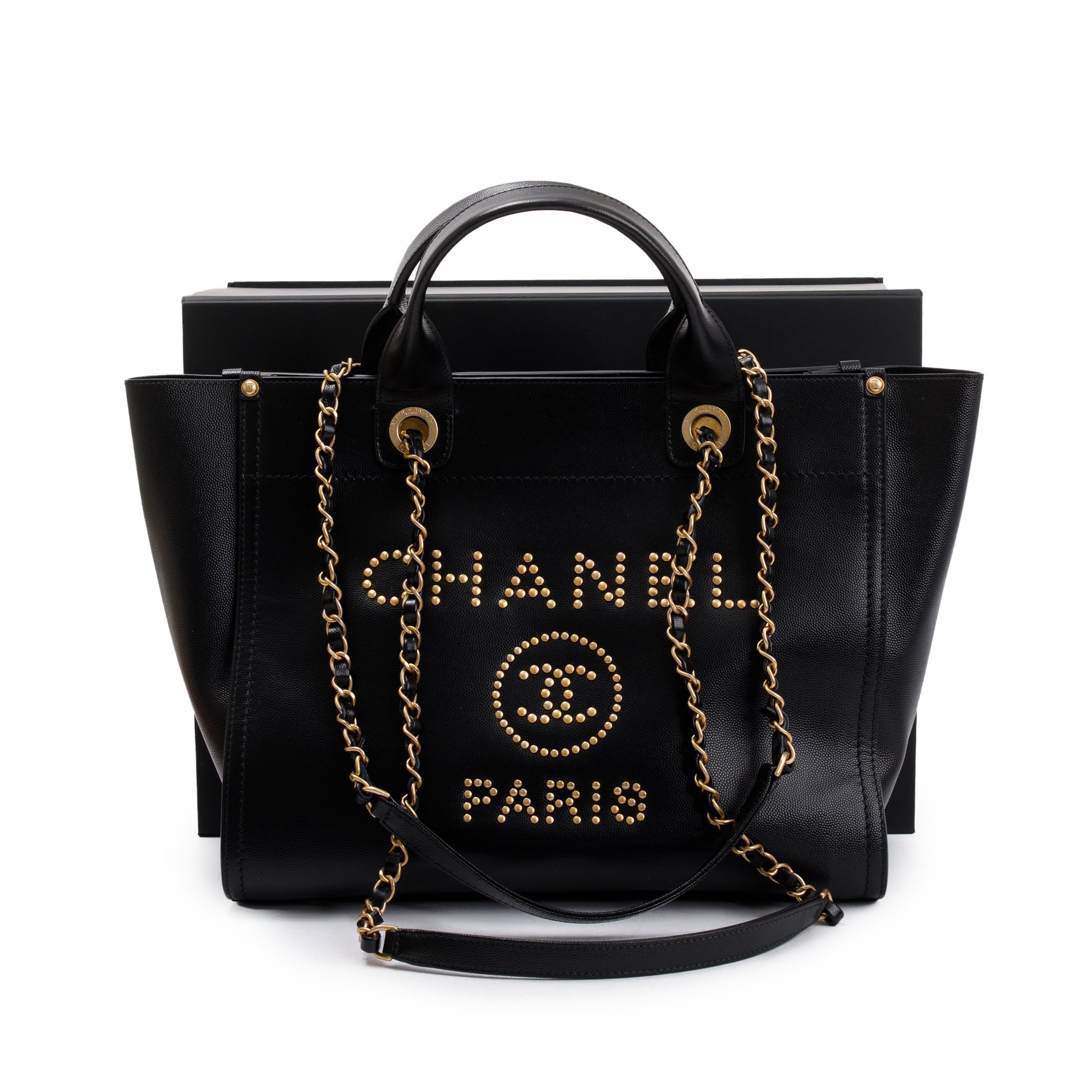 Chanel Black Caviar Leather Medium Studded Deauville Tote w/ Box