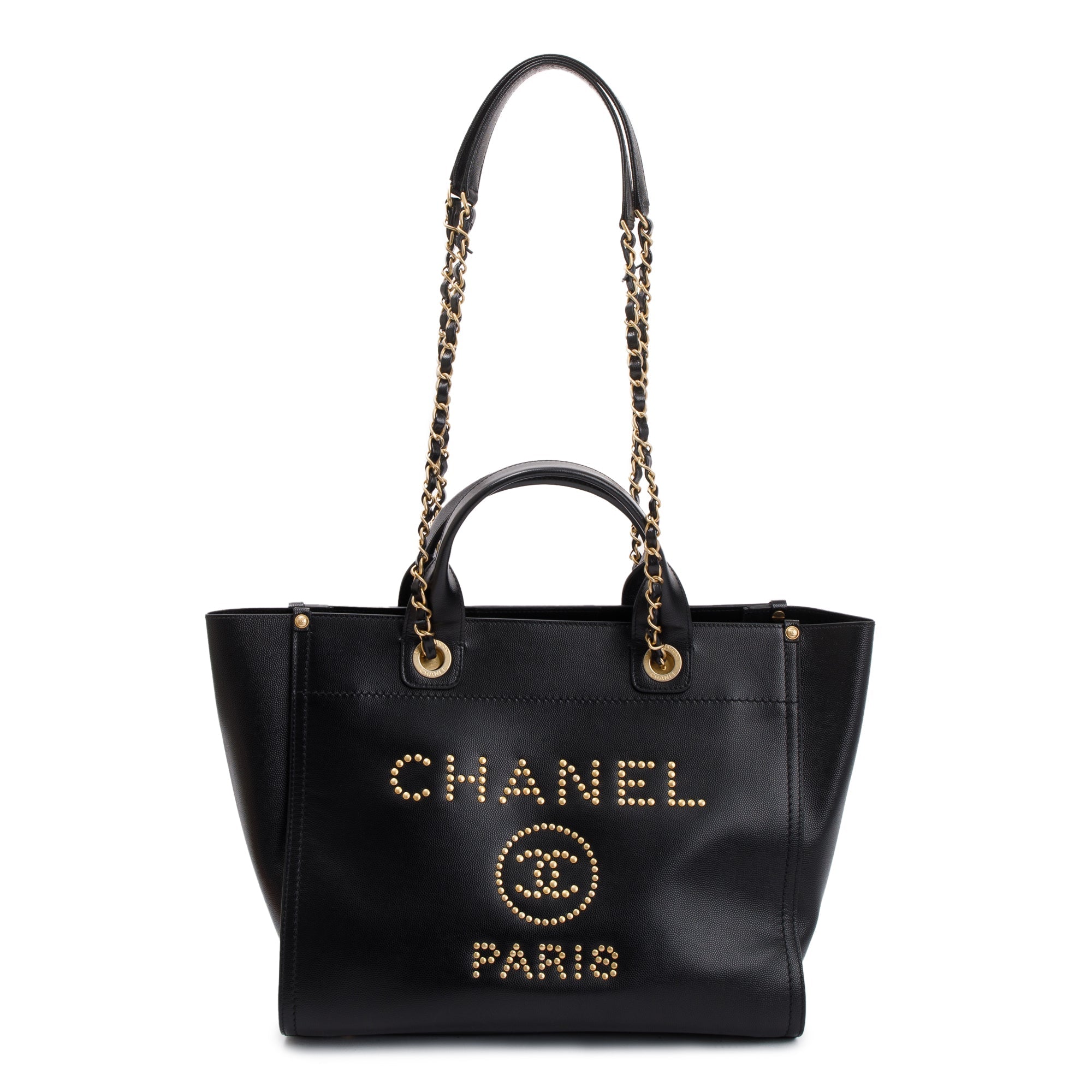 Chanel Black Caviar Leather Medium Studded Deauville Tote w/ Box