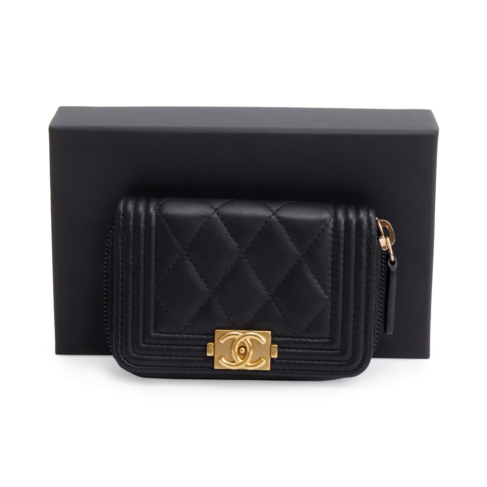 Chanel Black Caviar Leather Zip Around Boy Coin Purse w/ Box & Authenticity Card