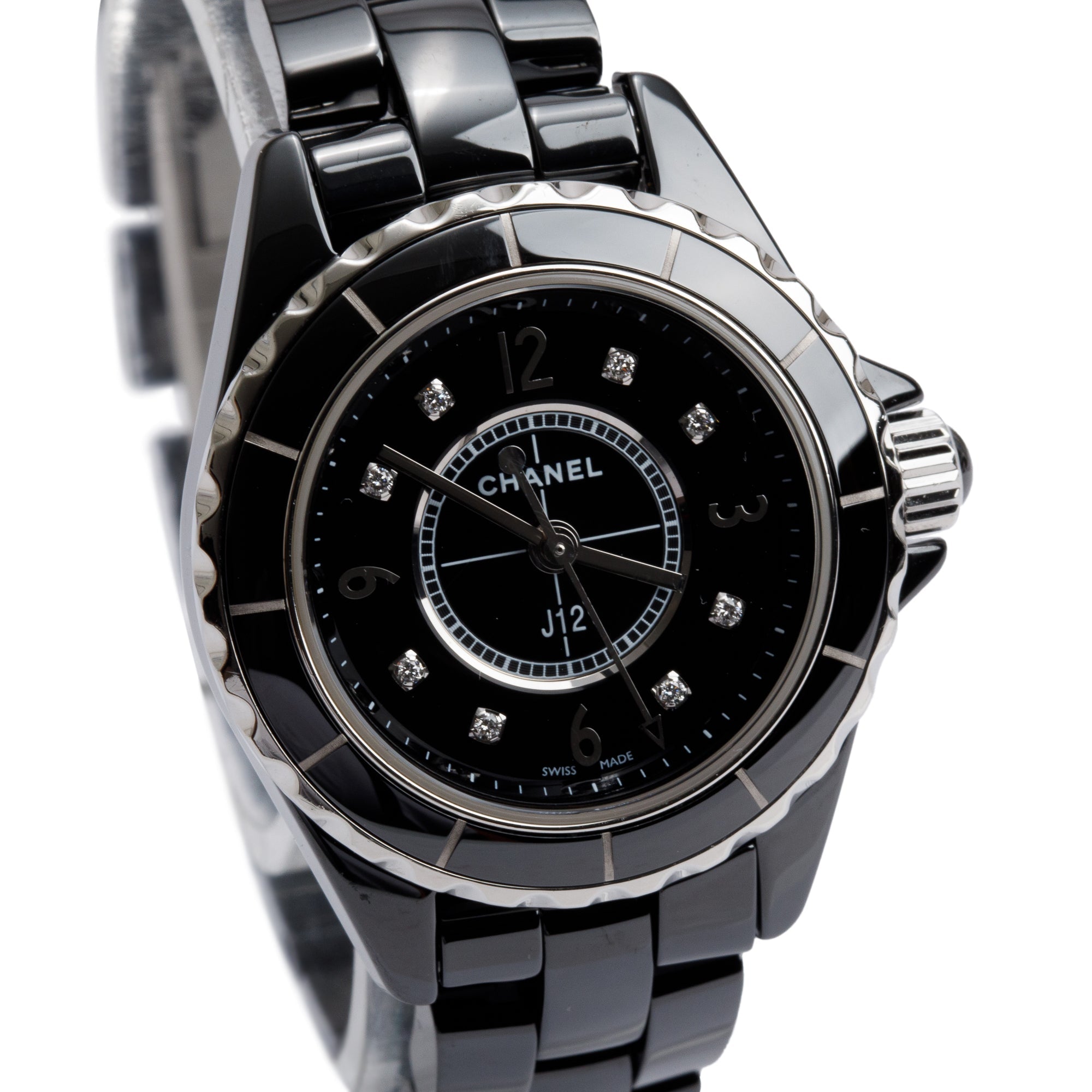 Chanel Black Ceramic 33 MM Diamond Dial J12 Quartz Watch H2569