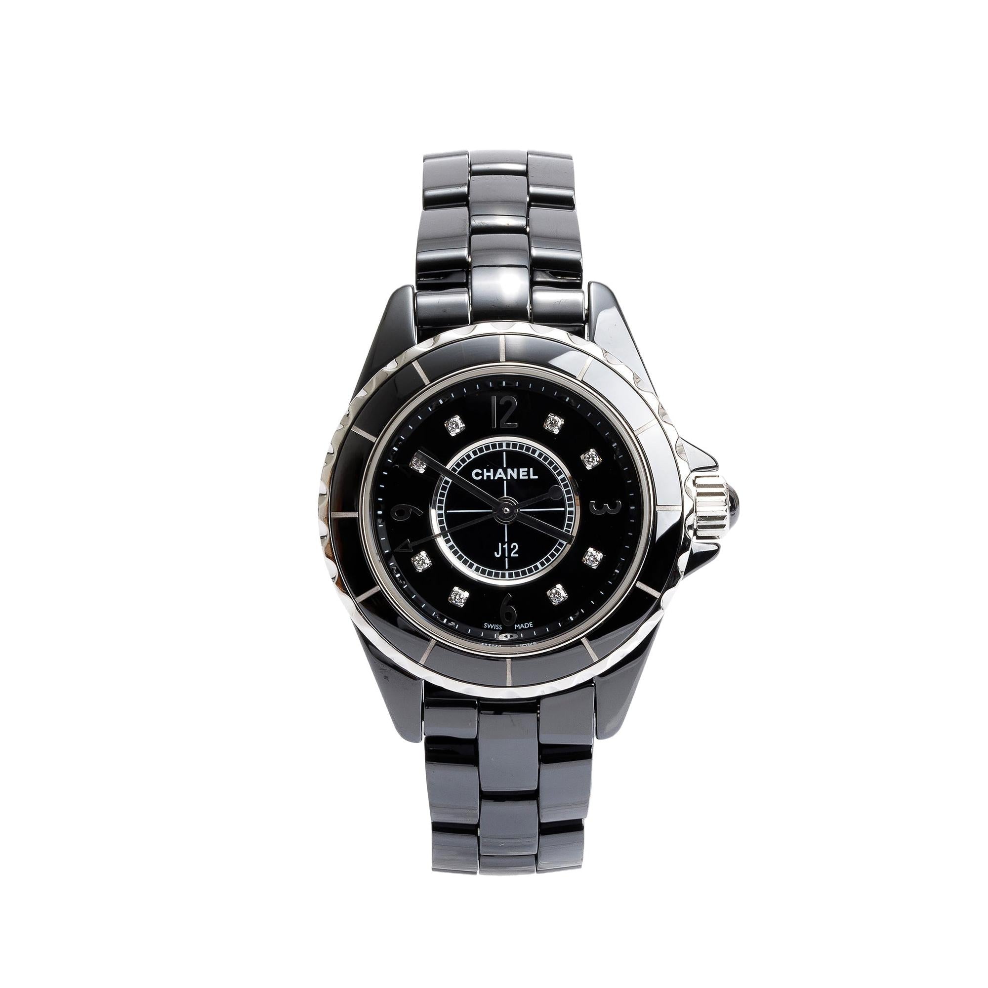 Chanel Black Ceramic 33 MM Diamond Dial J12 Quartz Watch H2569