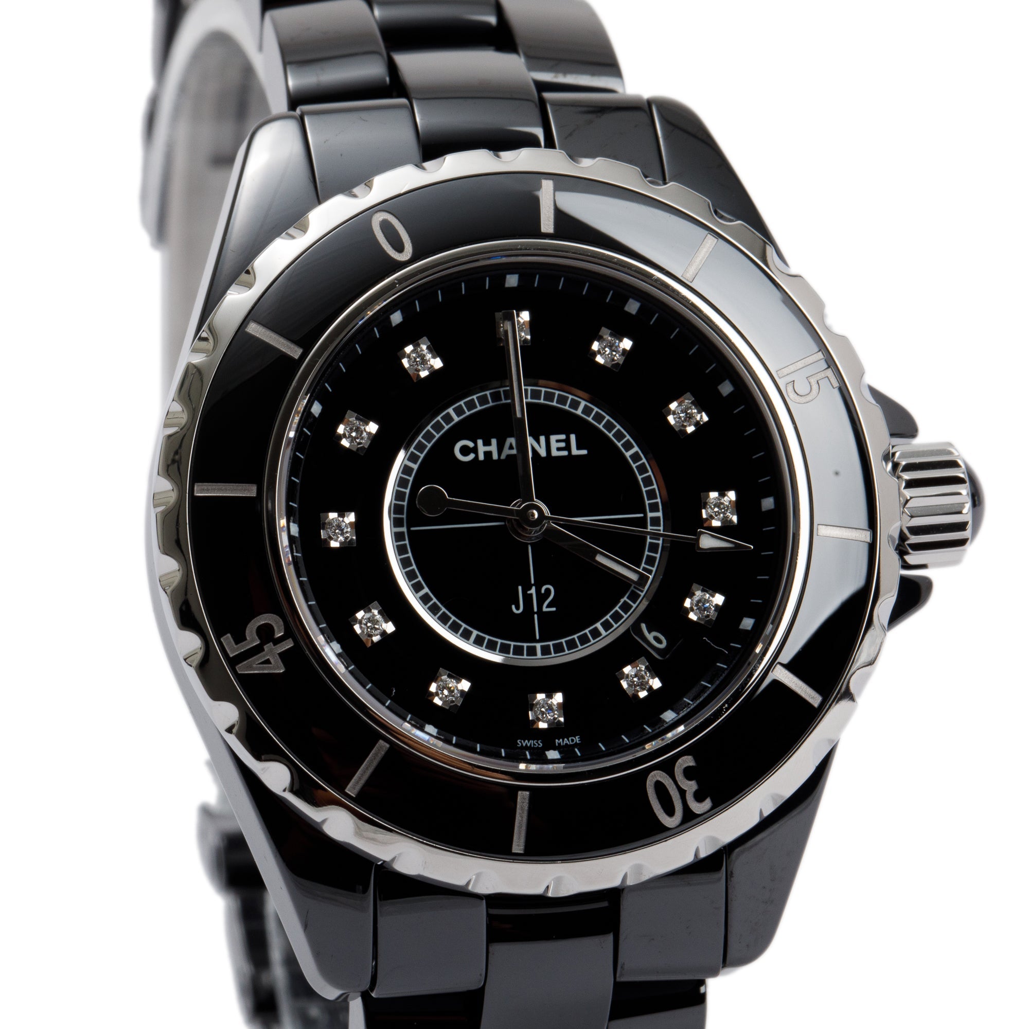 Chanel Black Ceramic 33 MM J12 Diamond Dial Watch w/ Box & Receipt