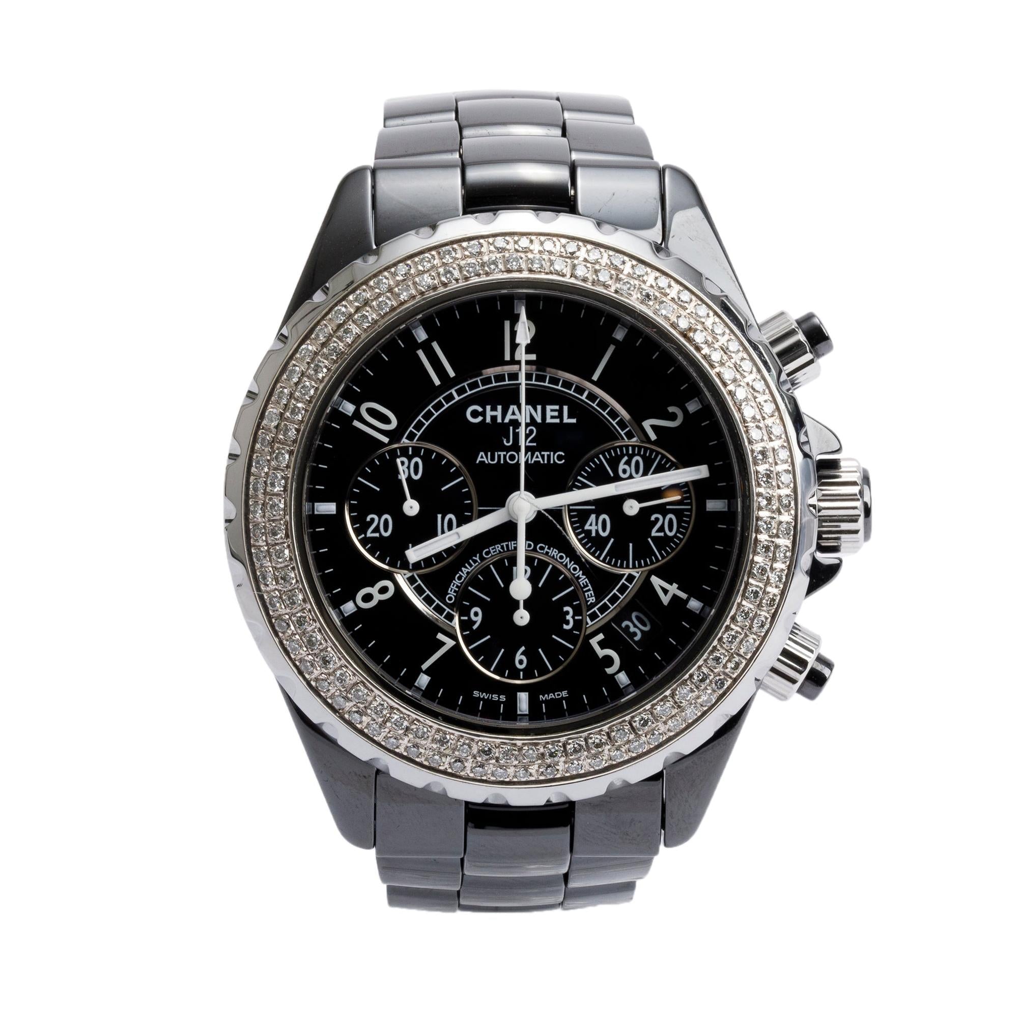 Chanel Black Ceramic Diamond Bezel Chronograph J12 41 MM Automatic Watch