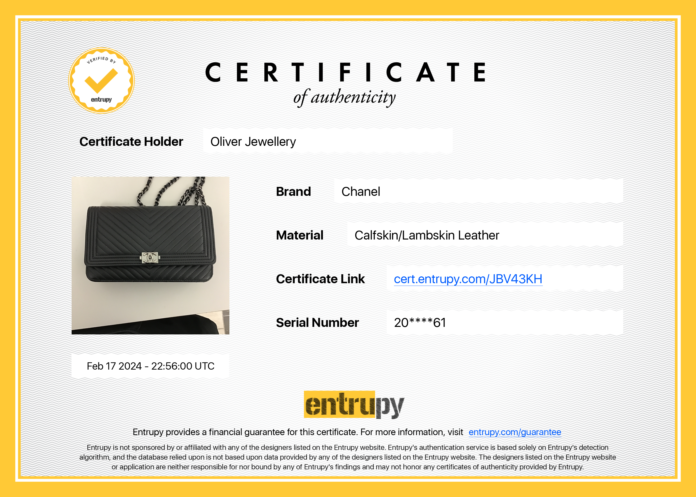 Chanel Black Chevron Boy Wallet on Chain w/ Box, Authenticity Card & Receipt