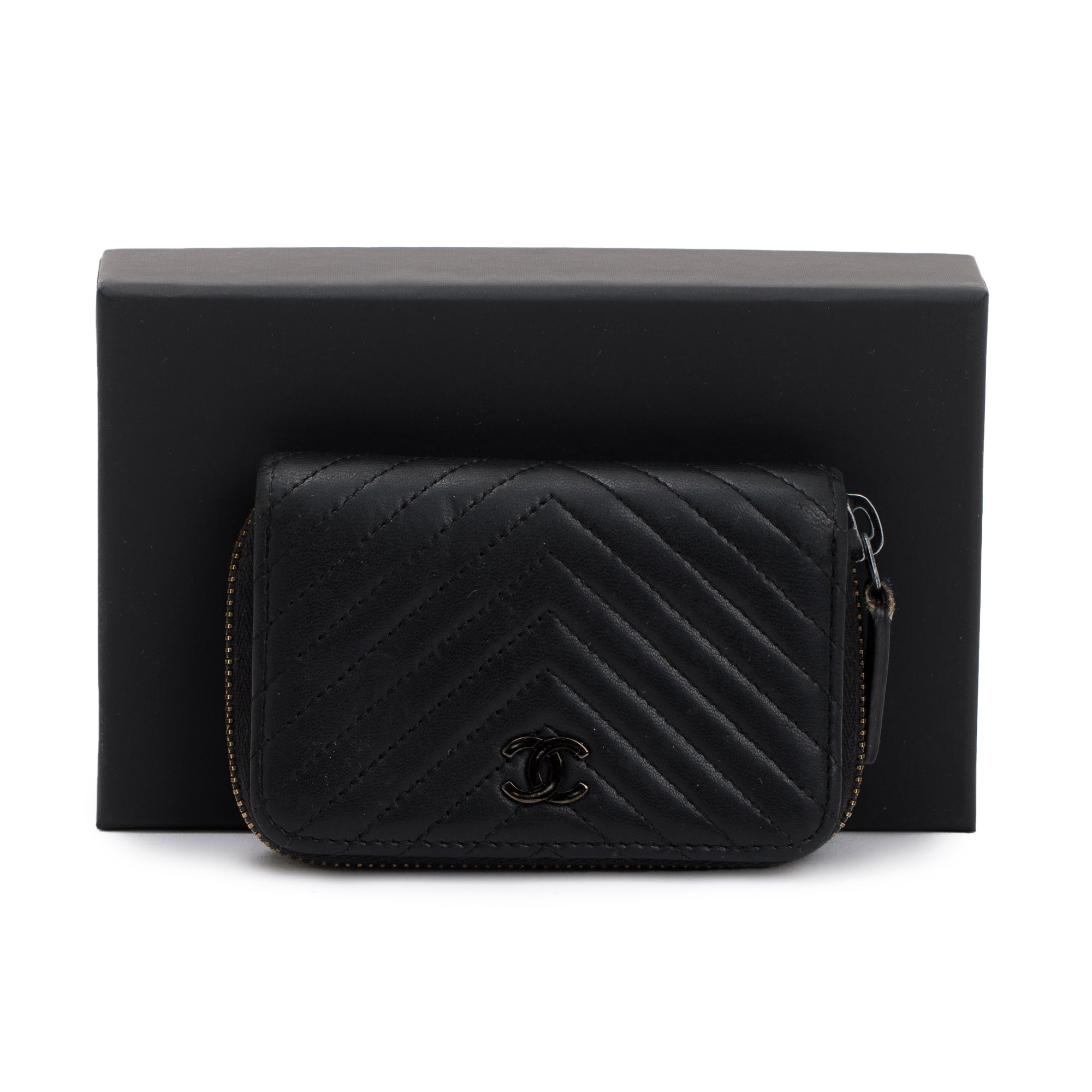 Chanel Black Chevron Calfskin Leather Classic Zipped Coin Purse w/ Box