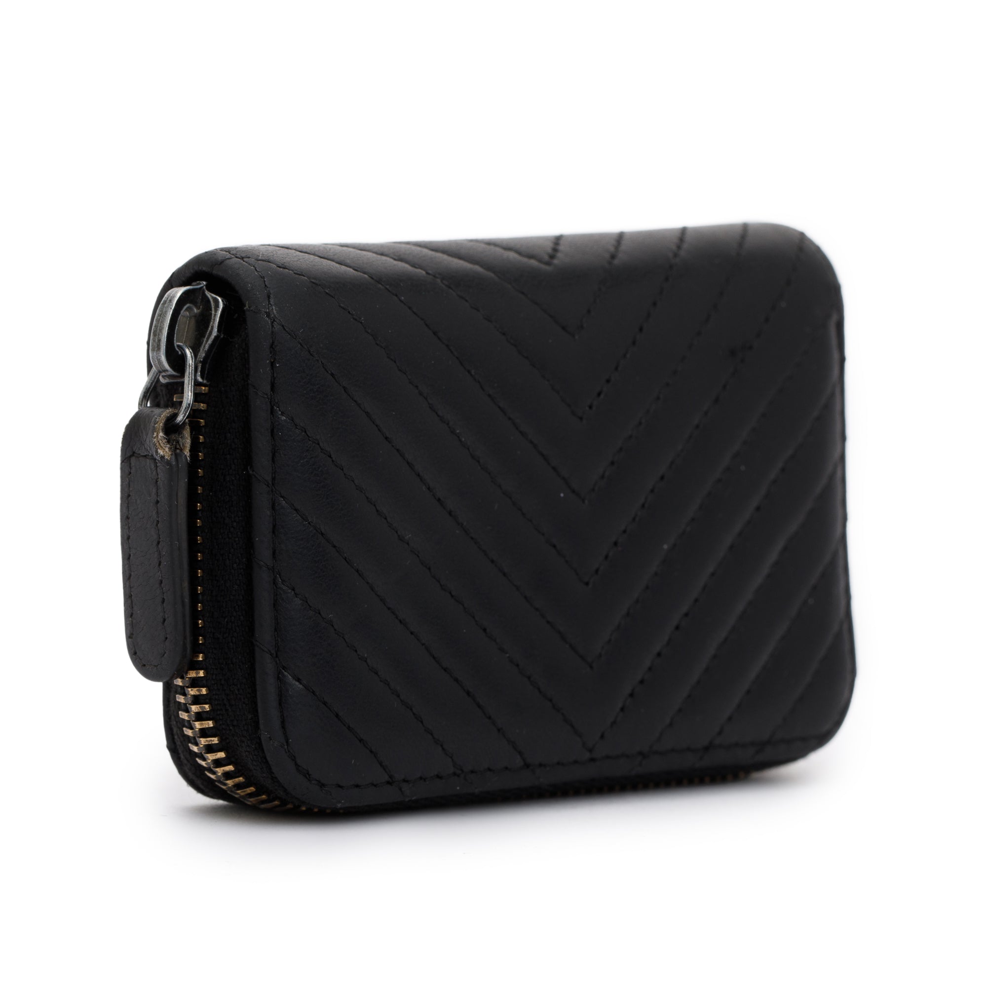 Chanel Black Chevron Calfskin Leather Classic Zipped Coin Purse w/ Box