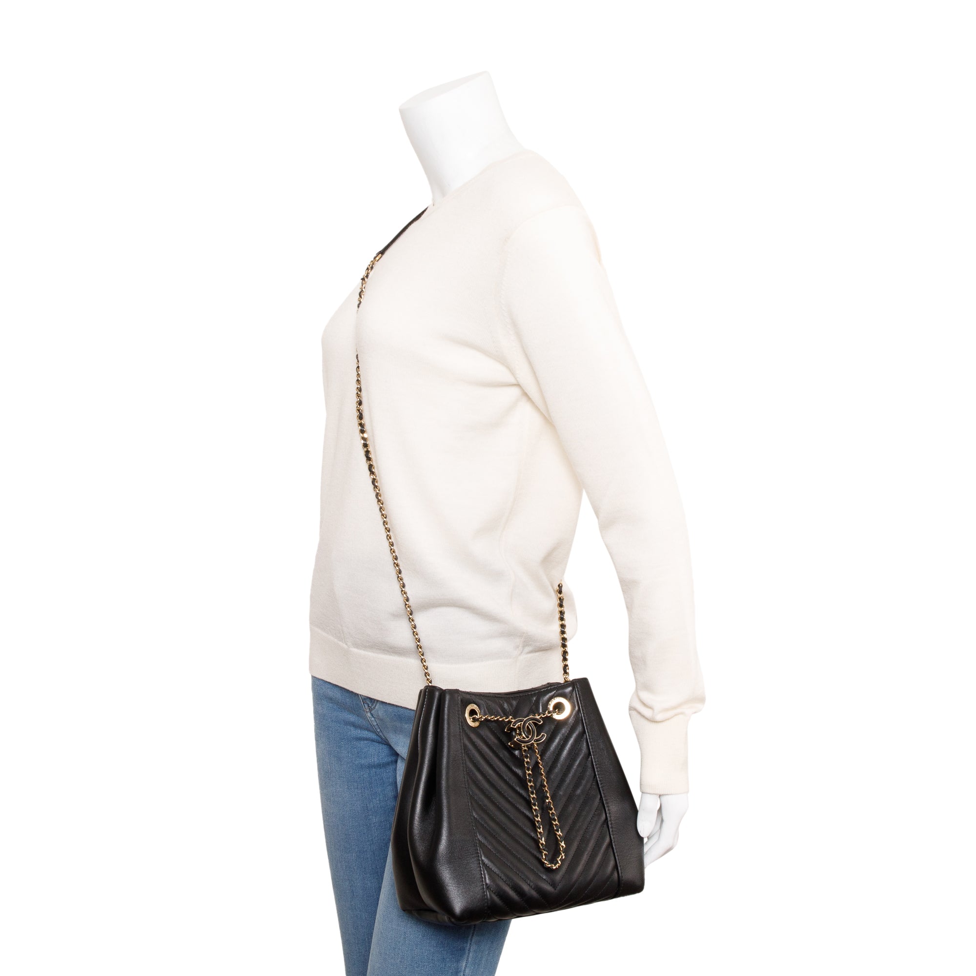 Chanel Black Chevron Calfskin Leather Drawstring Bucket Crossbody Bag w/ Authenticity Card