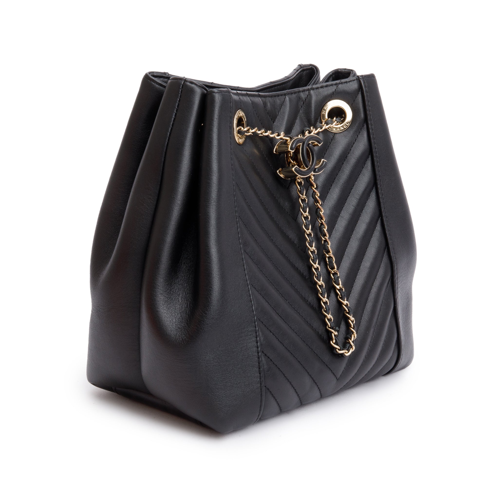 Chanel Black Chevron Calfskin Leather Drawstring Bucket Crossbody Bag w/ Authenticity Card