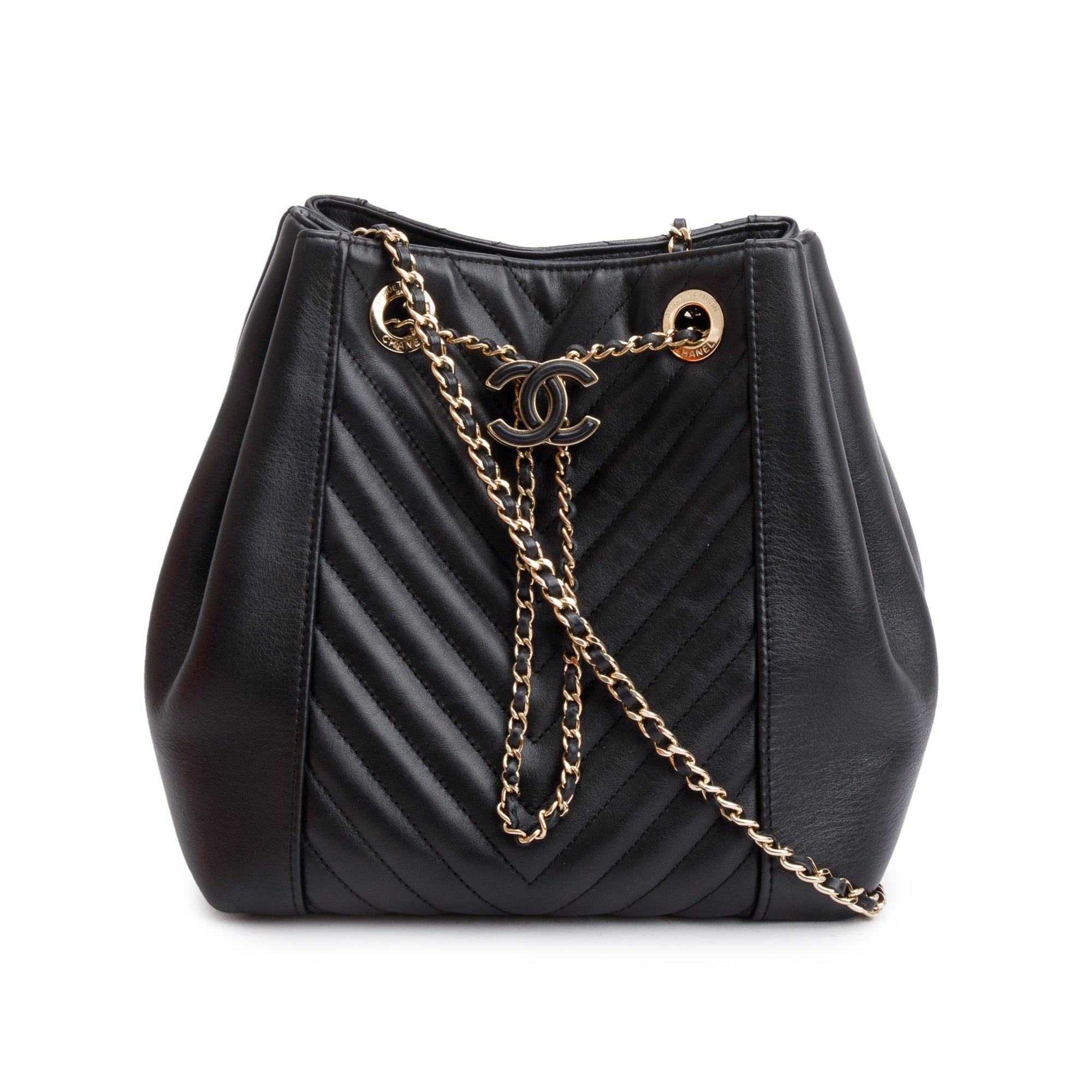 Chanel Black Chevron Calfskin Leather Drawstring Bucket Crossbody Bag w/ Authenticity Card