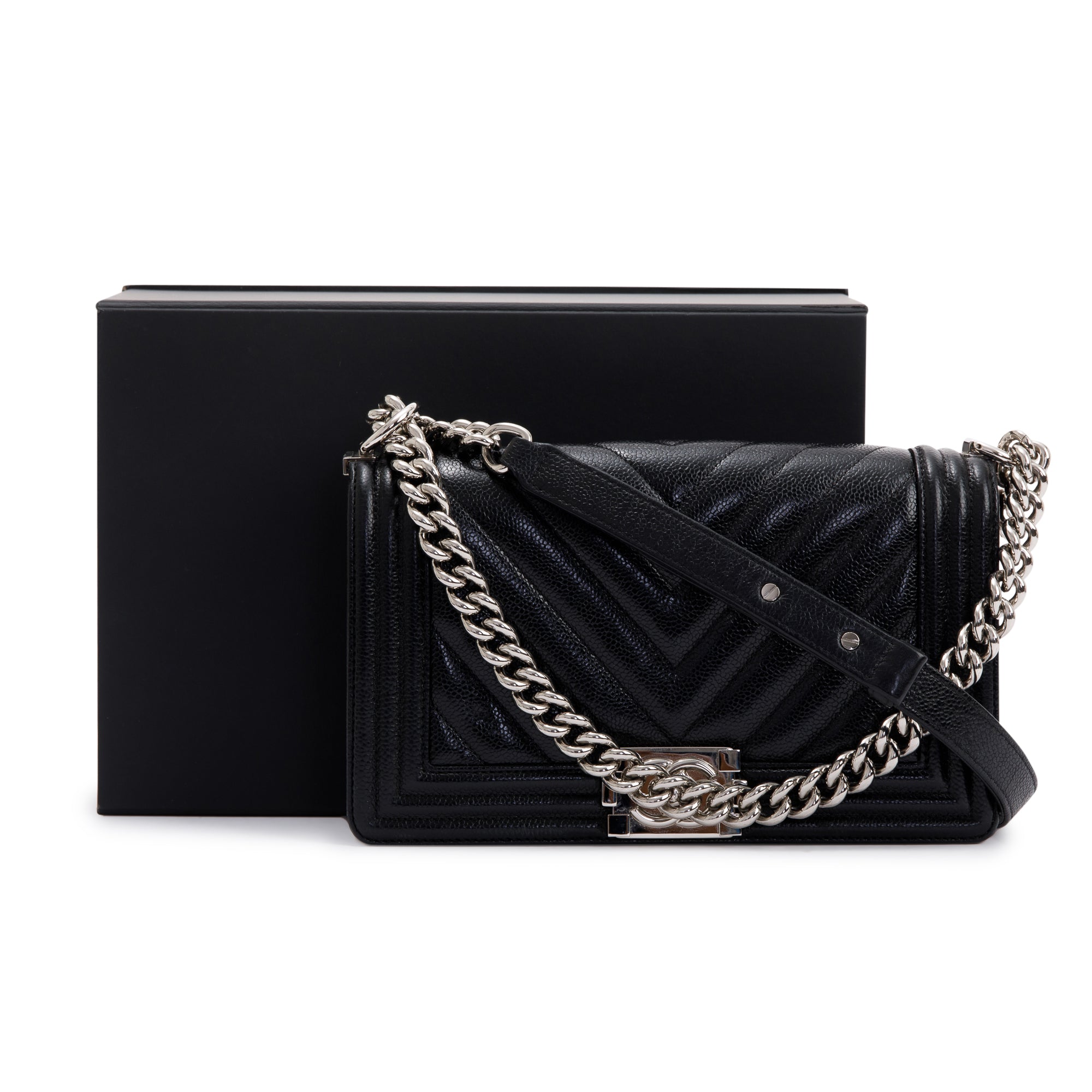 Chanel Black Chevron Caviar Medium Boy Bag w/ Box & Authenticity Card